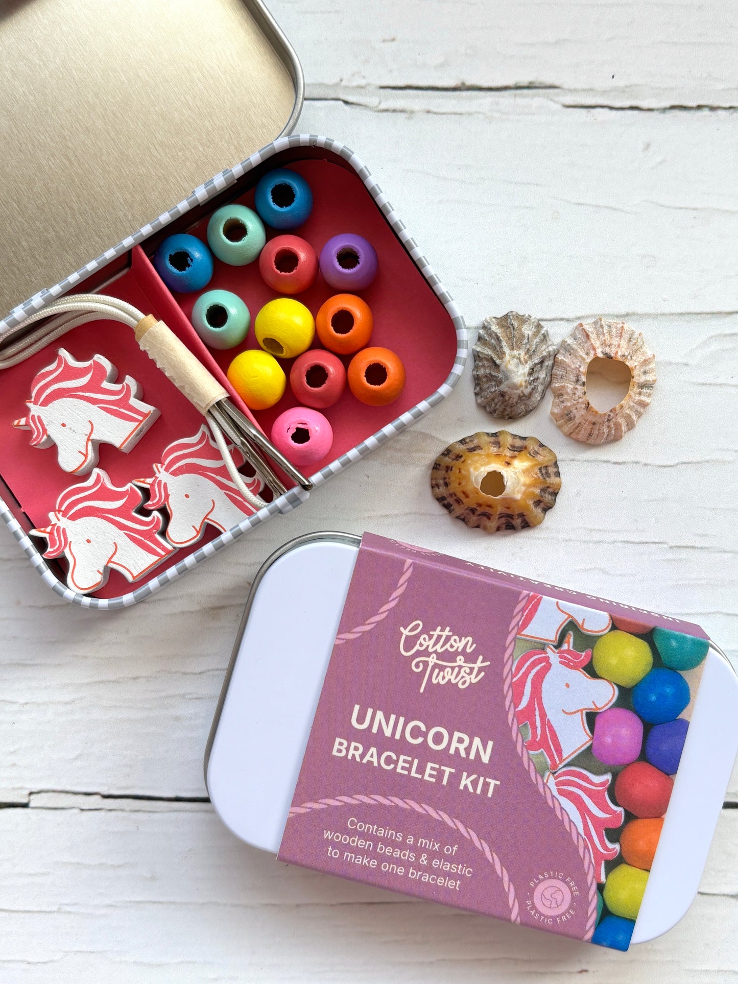 Wooden Bead Bracelet Making Kits in Gift Tins: Mermaid, Daisy, Unicorn, Wildflowers, Strawberry; Festival