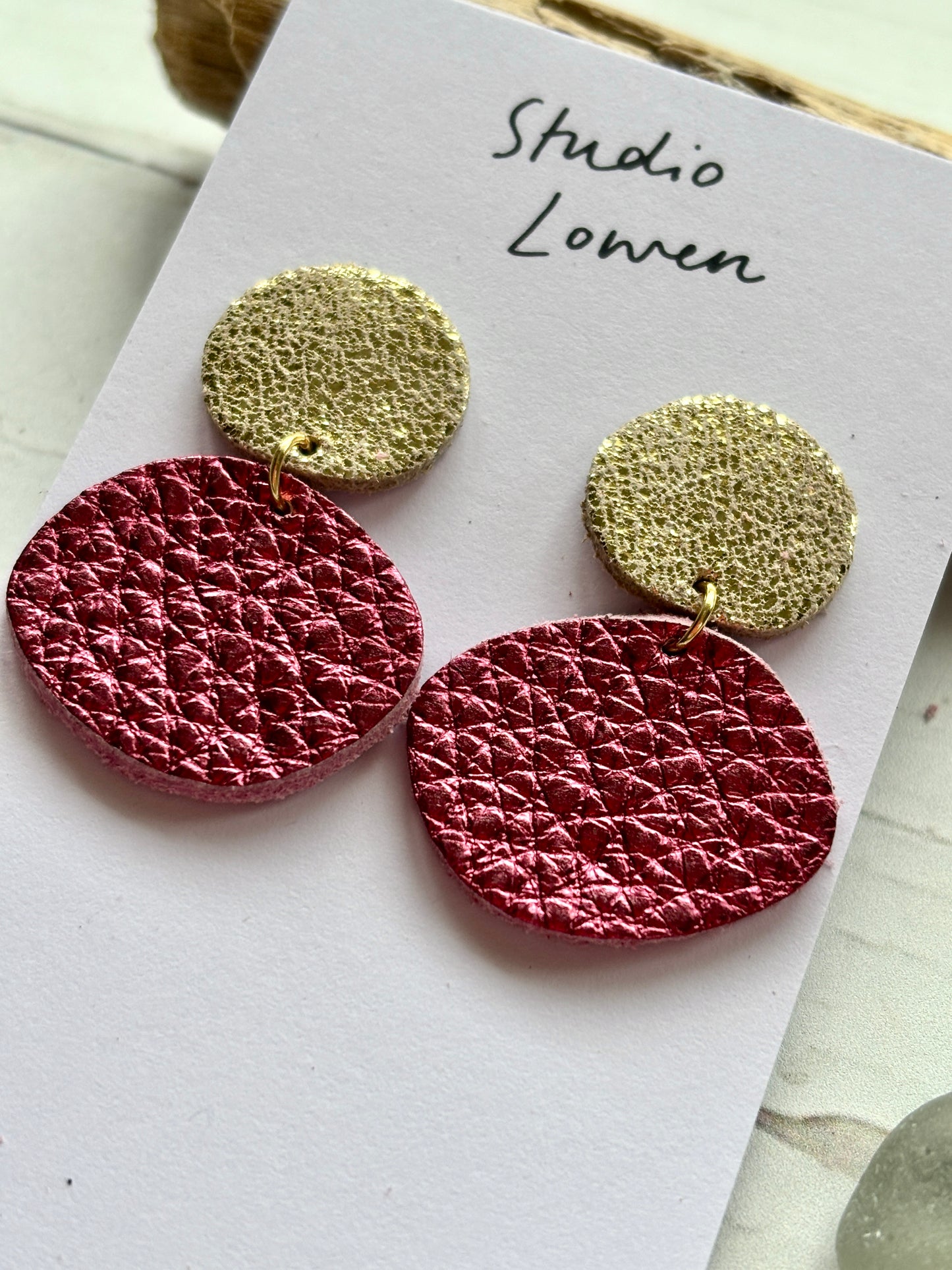 Gold & Metallic Rose Pink Leather Drop Earrings by Studio Lowen