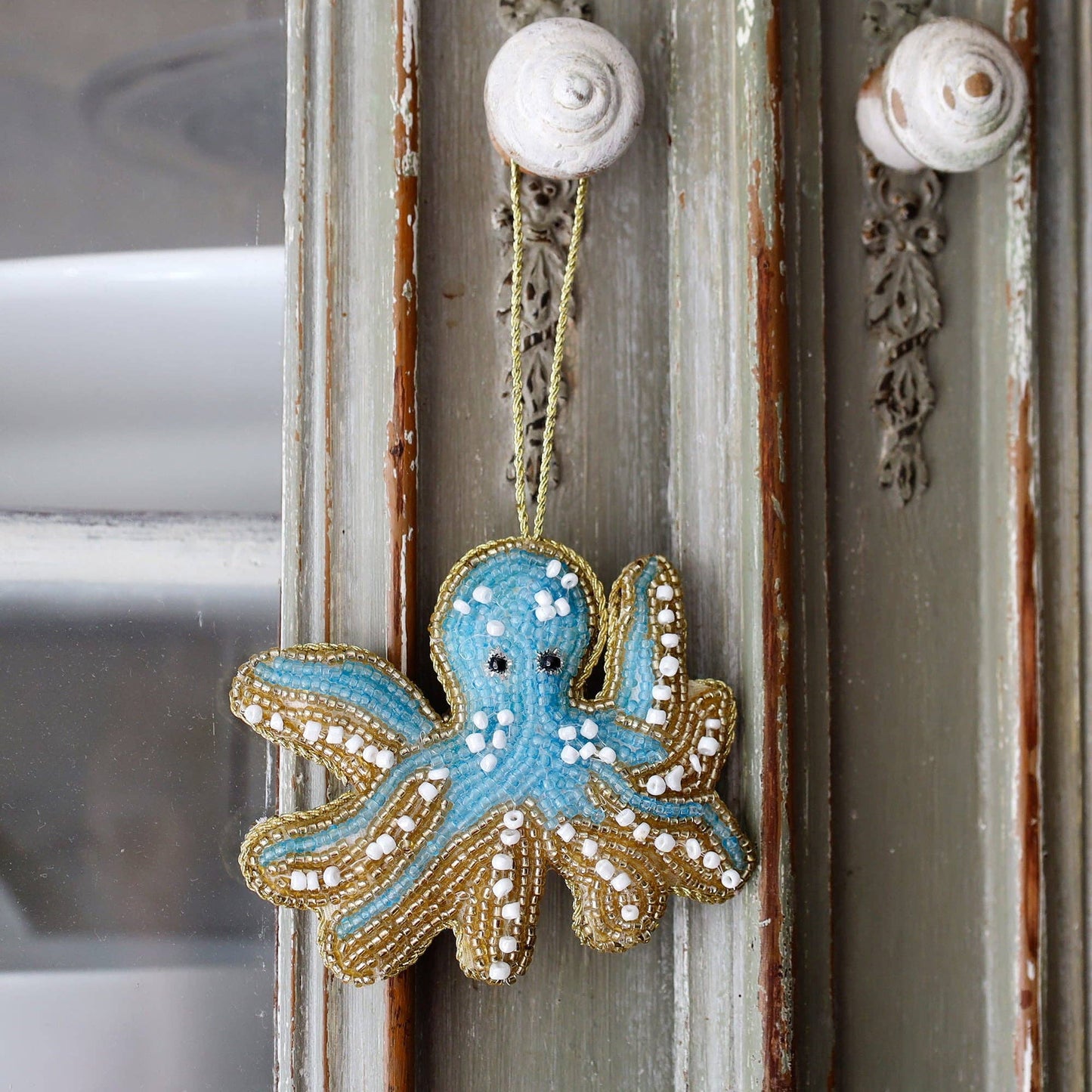 Beaded Blue & Gold Octopus Hanging Decoration