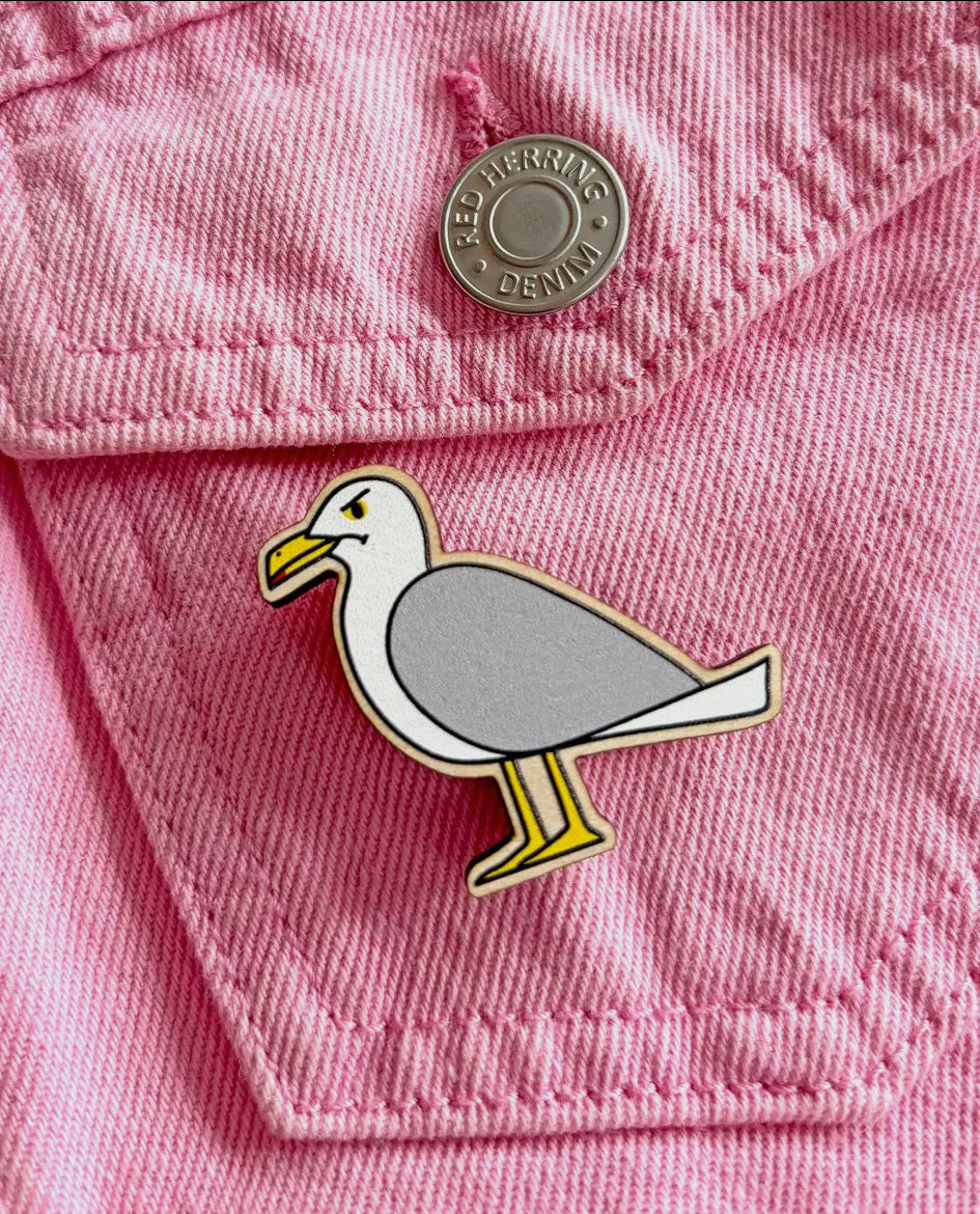 Grumpy Seagull Wooden Pin Badge