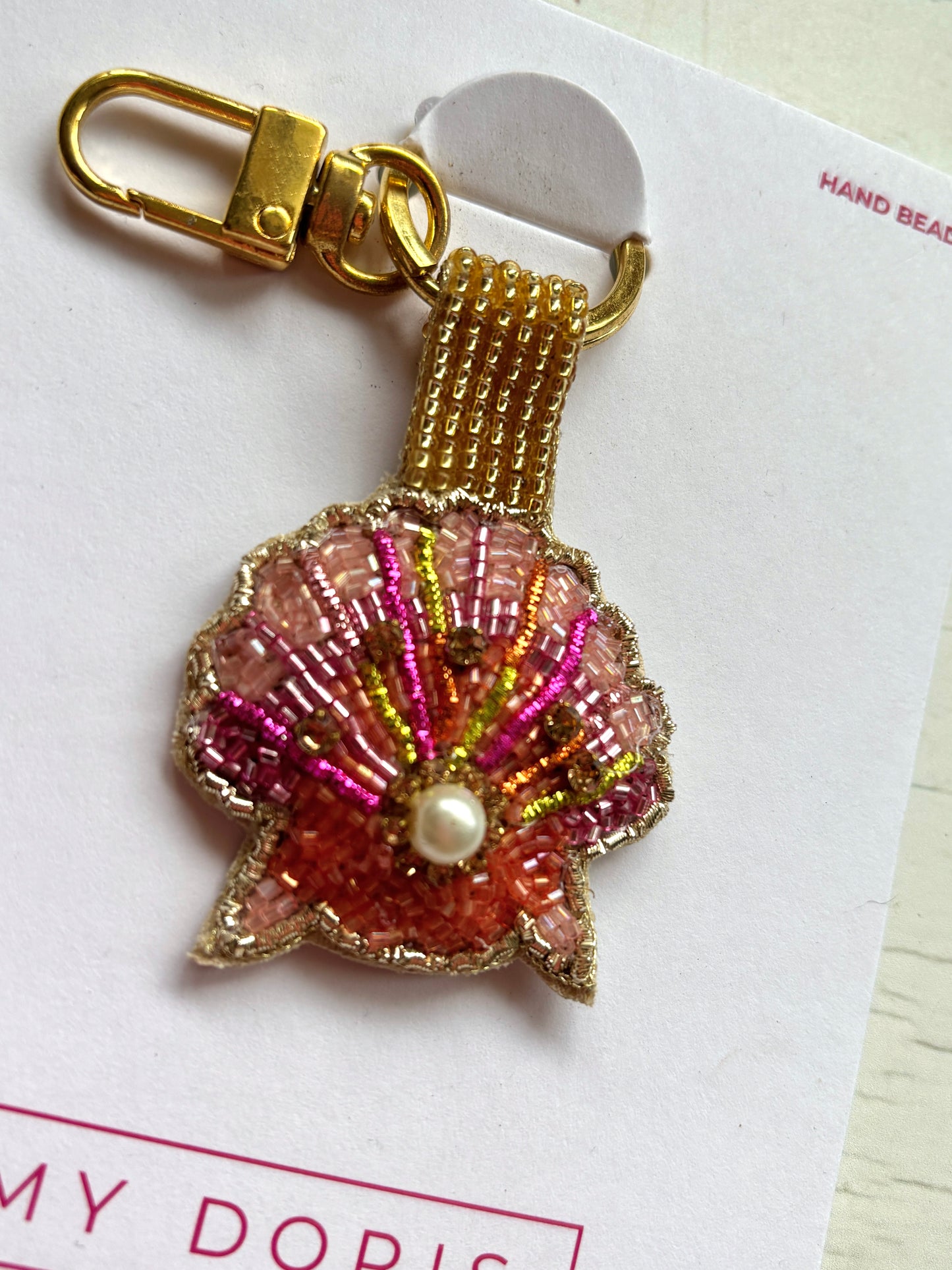 Beaded Pink & Gold Sea Shell Key Ring Fob Bag Clip