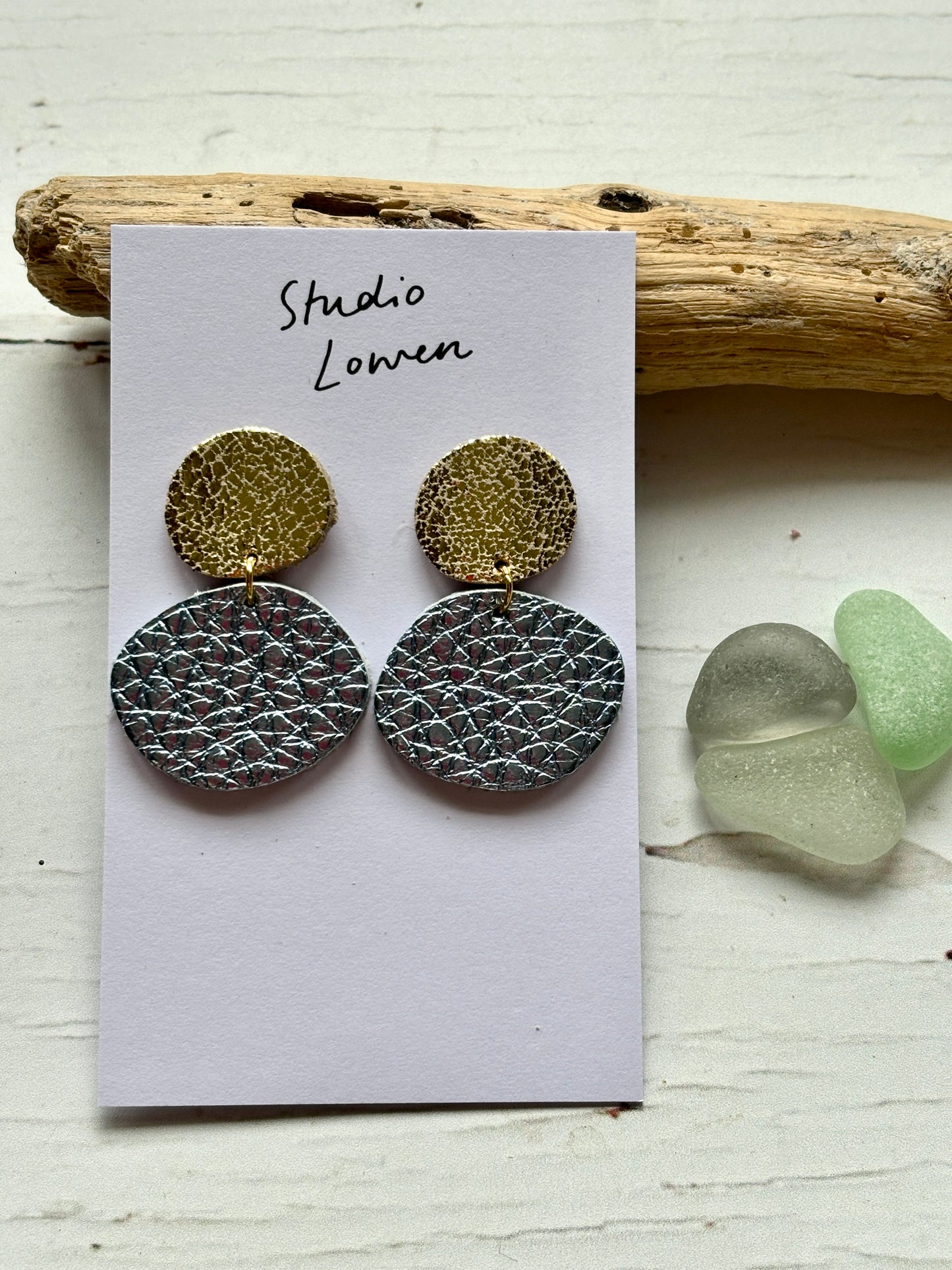 Gold & Metallic Ice Blue Leather Drop Earrings by Studio Lowen
