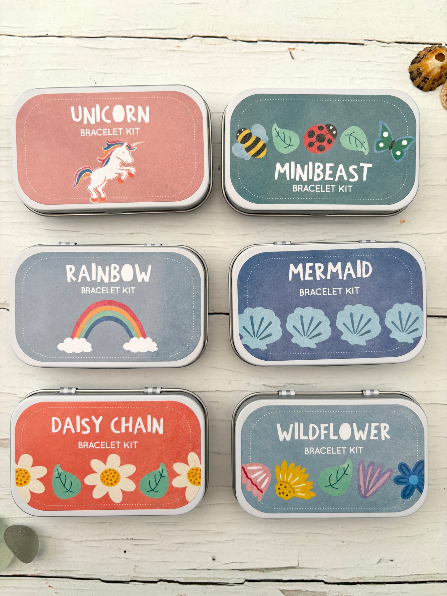 Wooden Bead Bracelet Making Kits in Gift Tins: Rainbow, Mermaid, Daisy, Minibeast, Unicorn, Wildflowers, Hearts