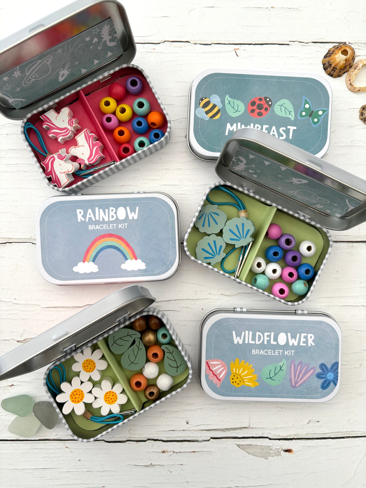 Wooden Bead Bracelet Making Kits in Gift Tins: Rainbow, Mermaid, Daisy, Minibeast, Unicorn, Wildflowers, Hearts