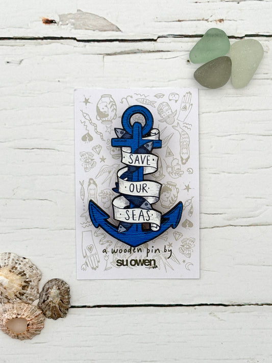 Save Our Seas Anchor Wooden Nautical Pin Brooch Badge