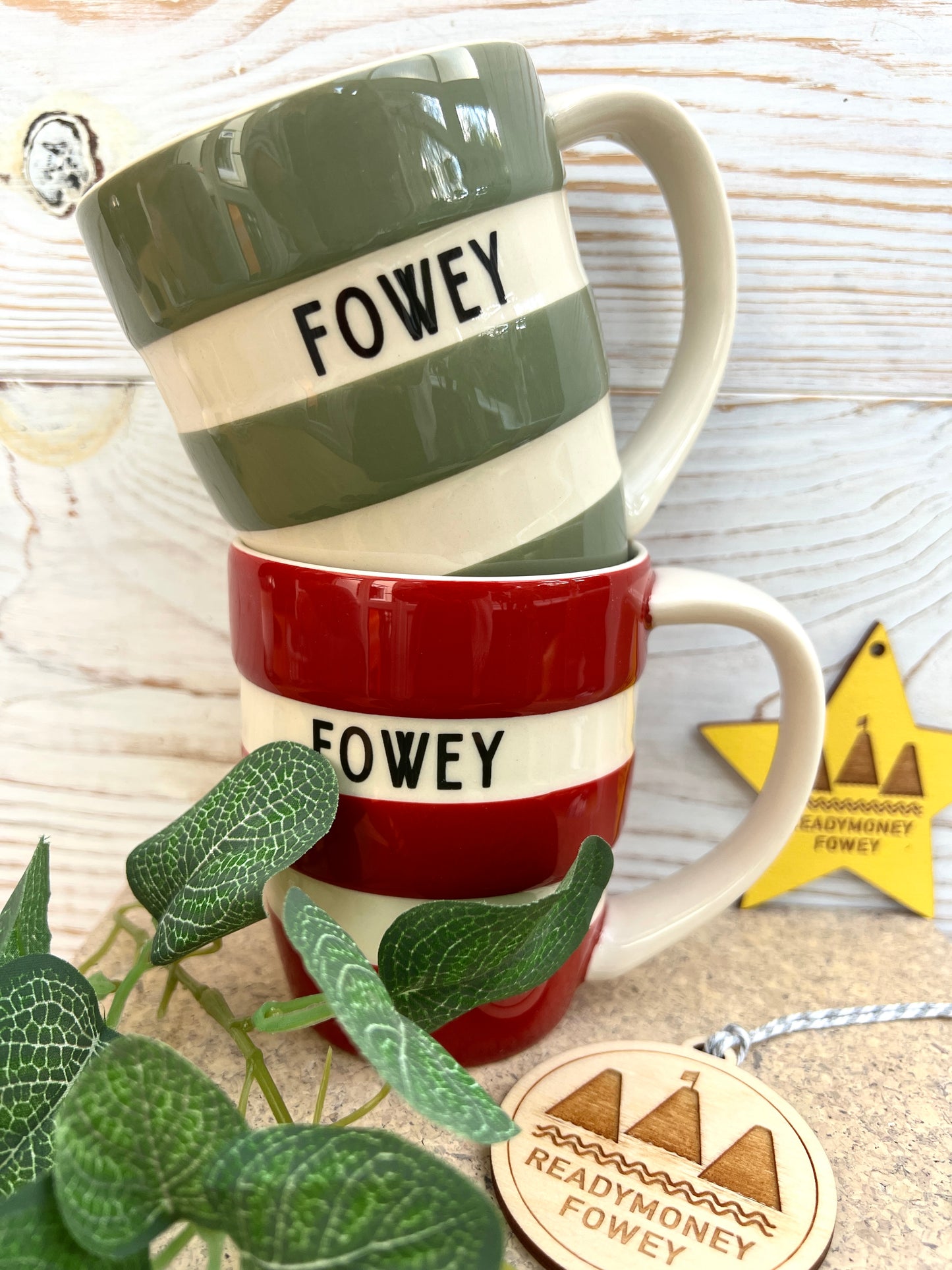 Festive Cornishware Fowey striped mug: red & green, 12oz
