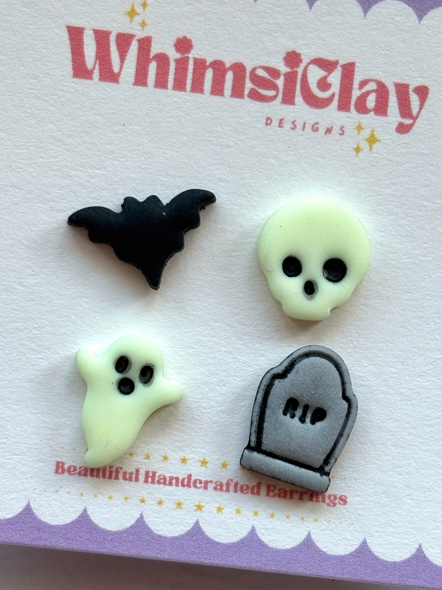 Halloween Spooky Set of 4 Stud Earrings: Bat, Gravestone, Skull, Ghost