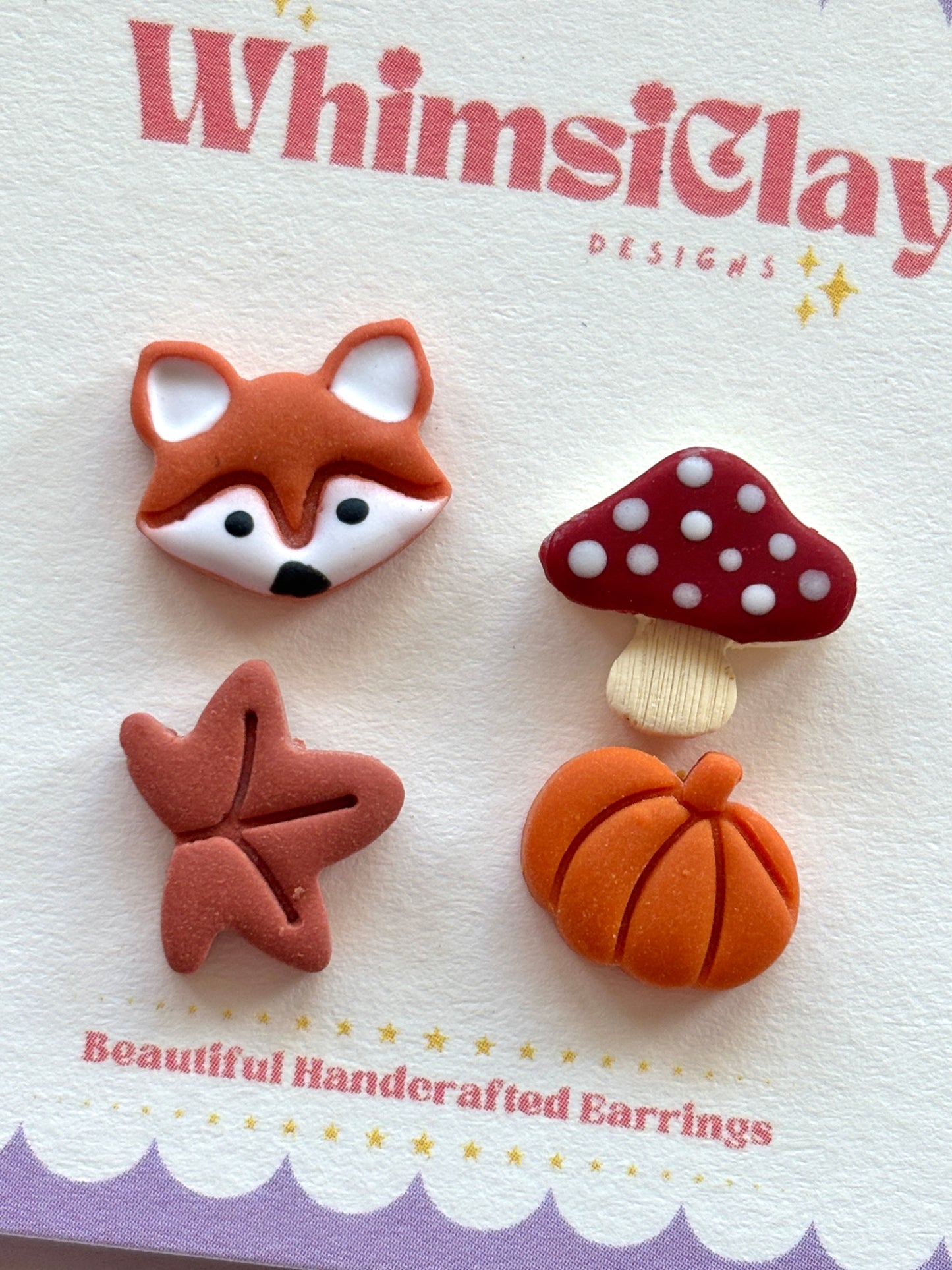 Autumn Inspired Set of 4 Stud Earrings: Fox, Toadstool, Leaf, Pumpkin
