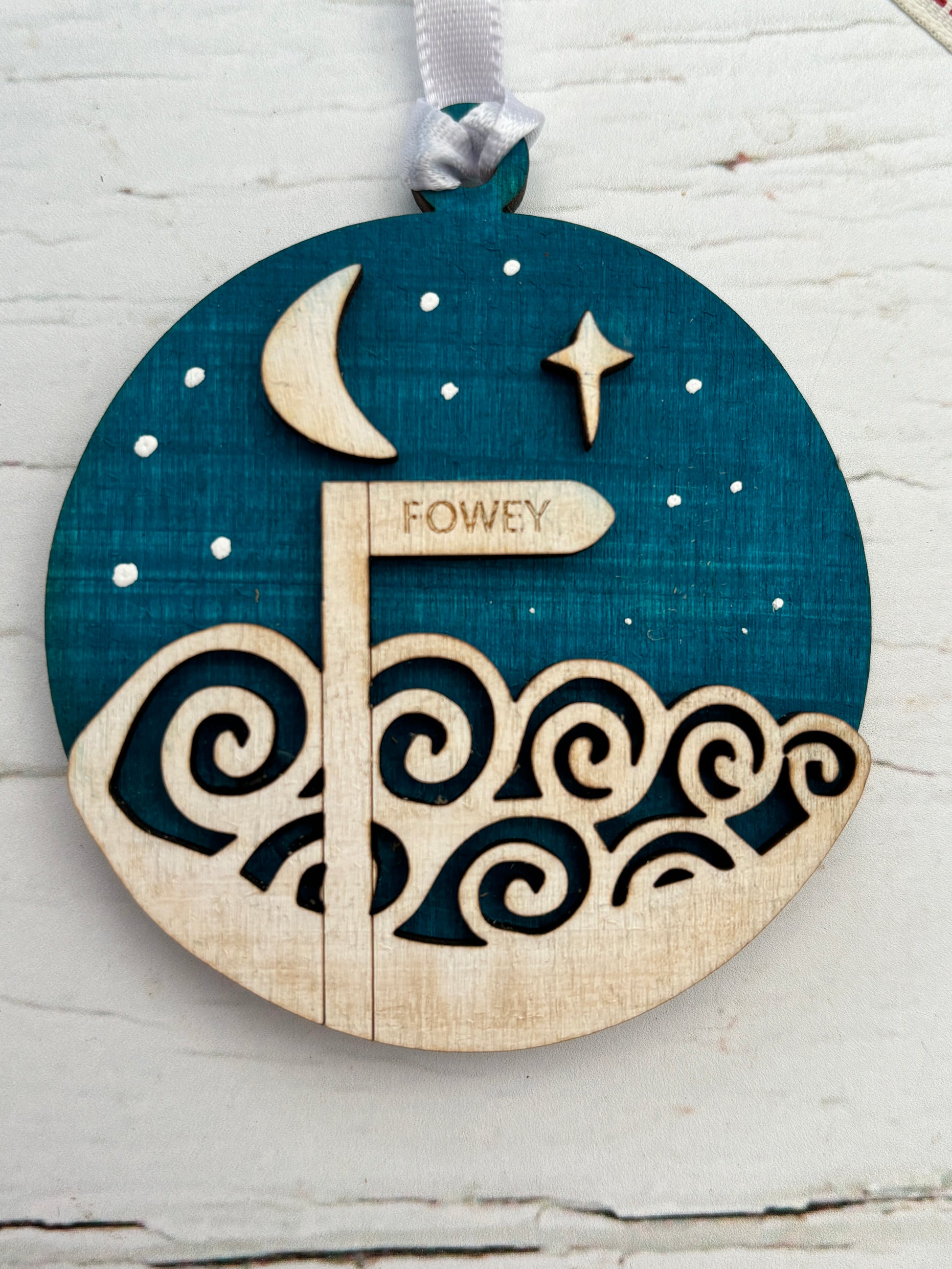 Wooden Fowey signpost Christmas tree decoration close up