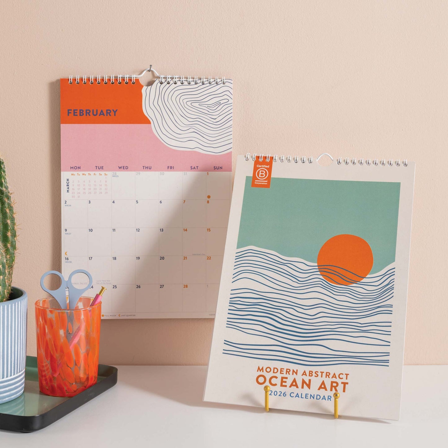modern abstract ocean art 2026 calendar—stylized wave and sun design with monthly planner, perfect for coastal décor and gifting