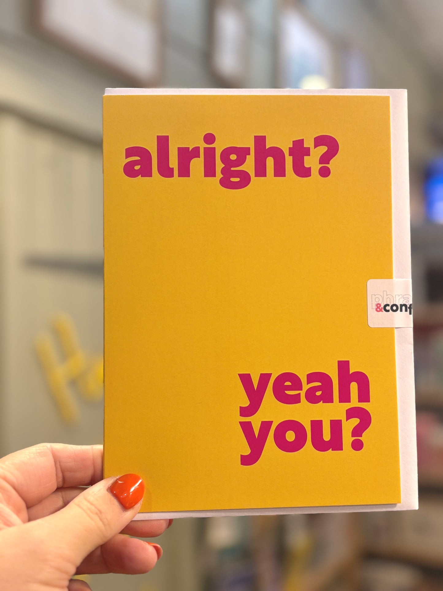 yellow Cornish greeting card "Alright? Yeah You?" bright magenta text, minimalist modern design, regional dialect