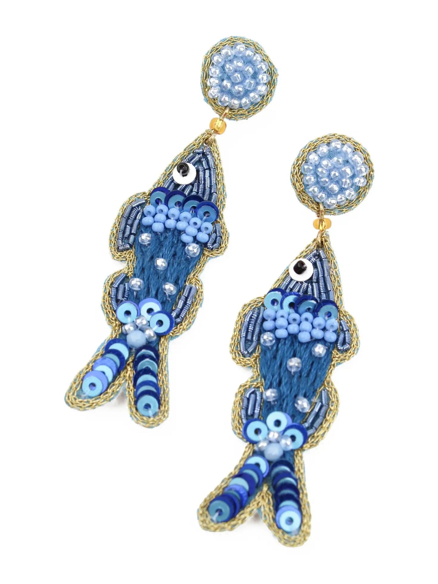 Blue Fish Stitched & Beaded Statement Earrings