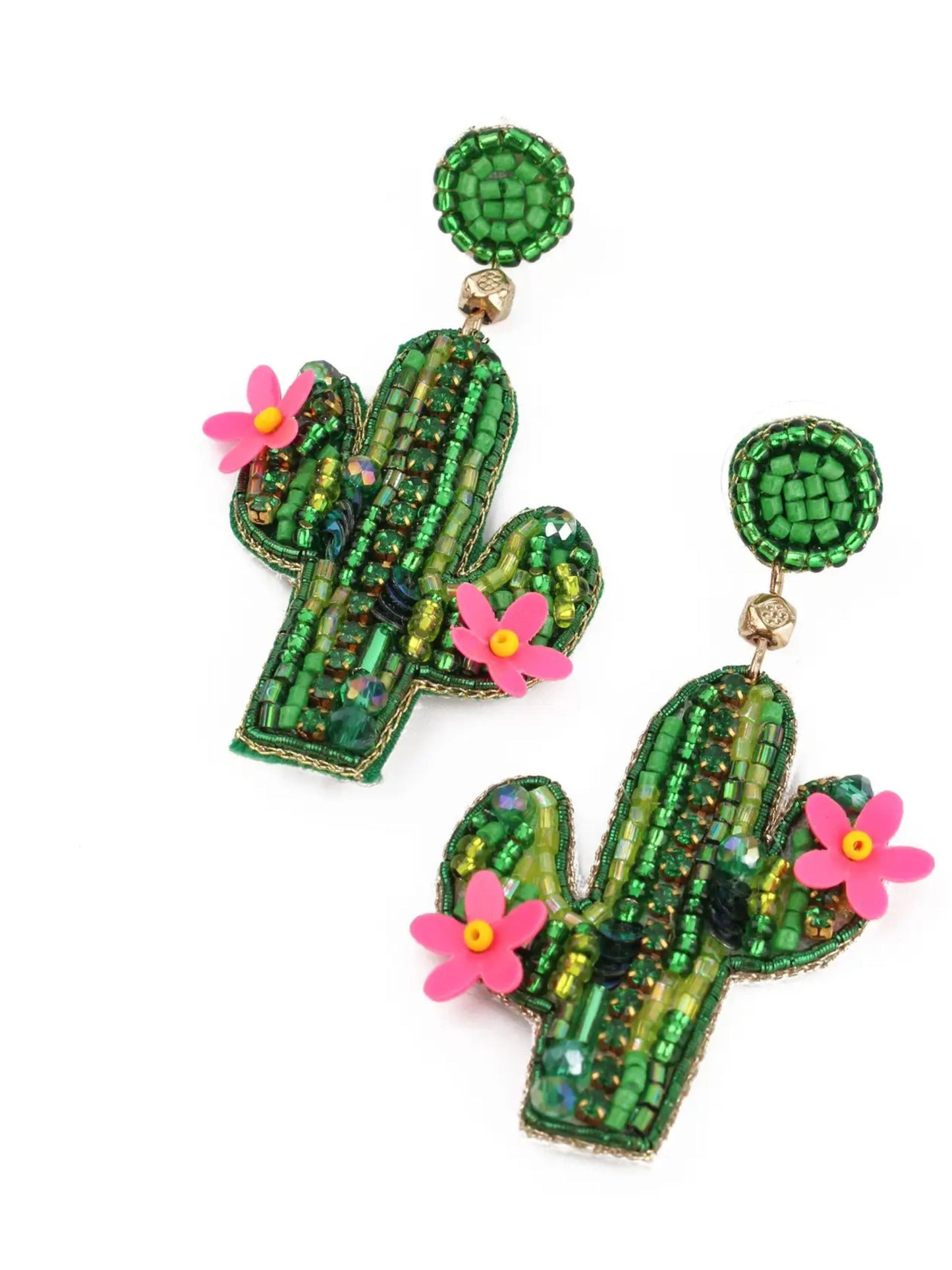 Green & Pink Cactus Beaded Statement Earrings