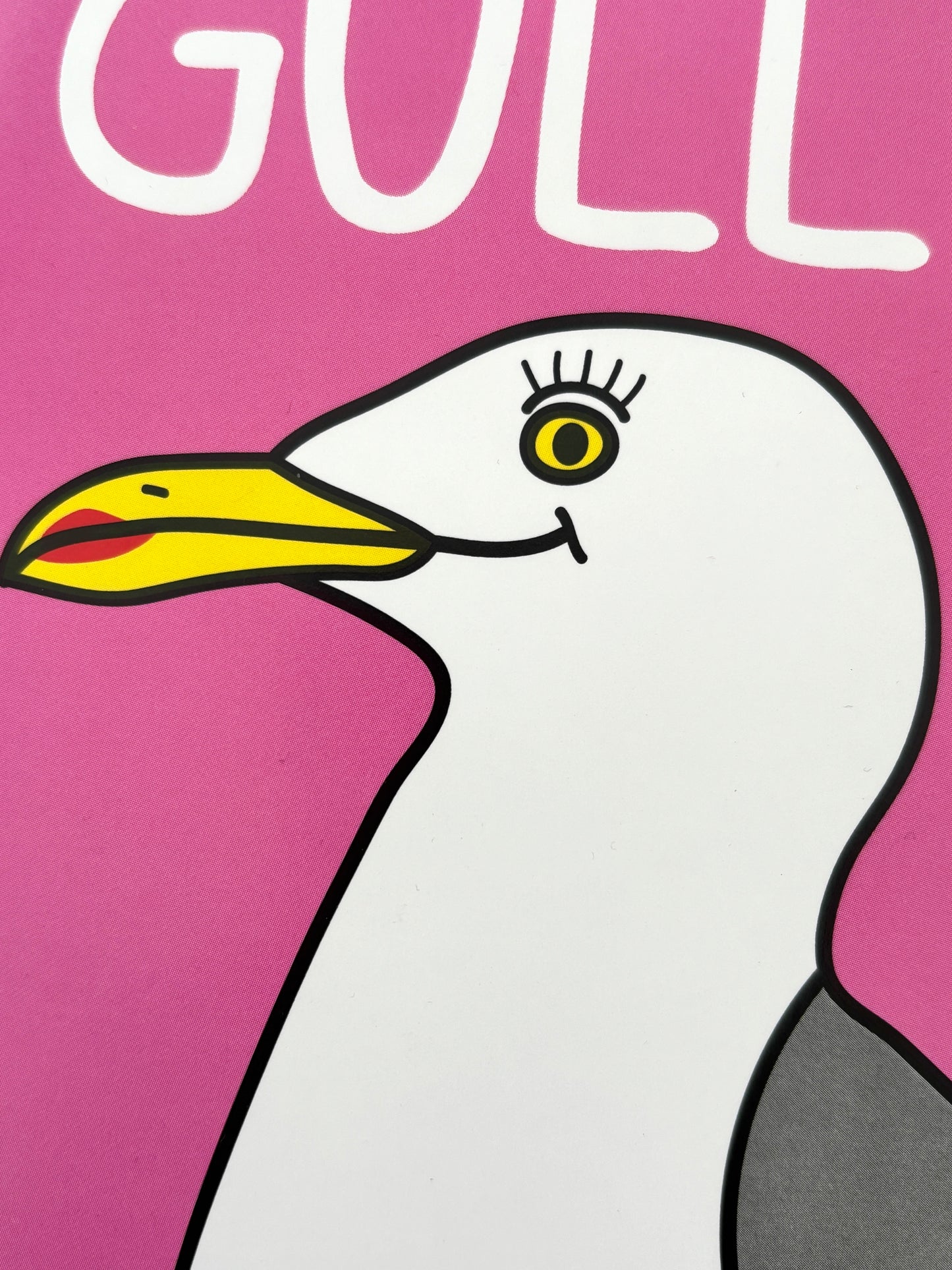 closeup shot of birthday gull card—bold pink background, cartoon seagull, seaside pun for fun coastal greetings