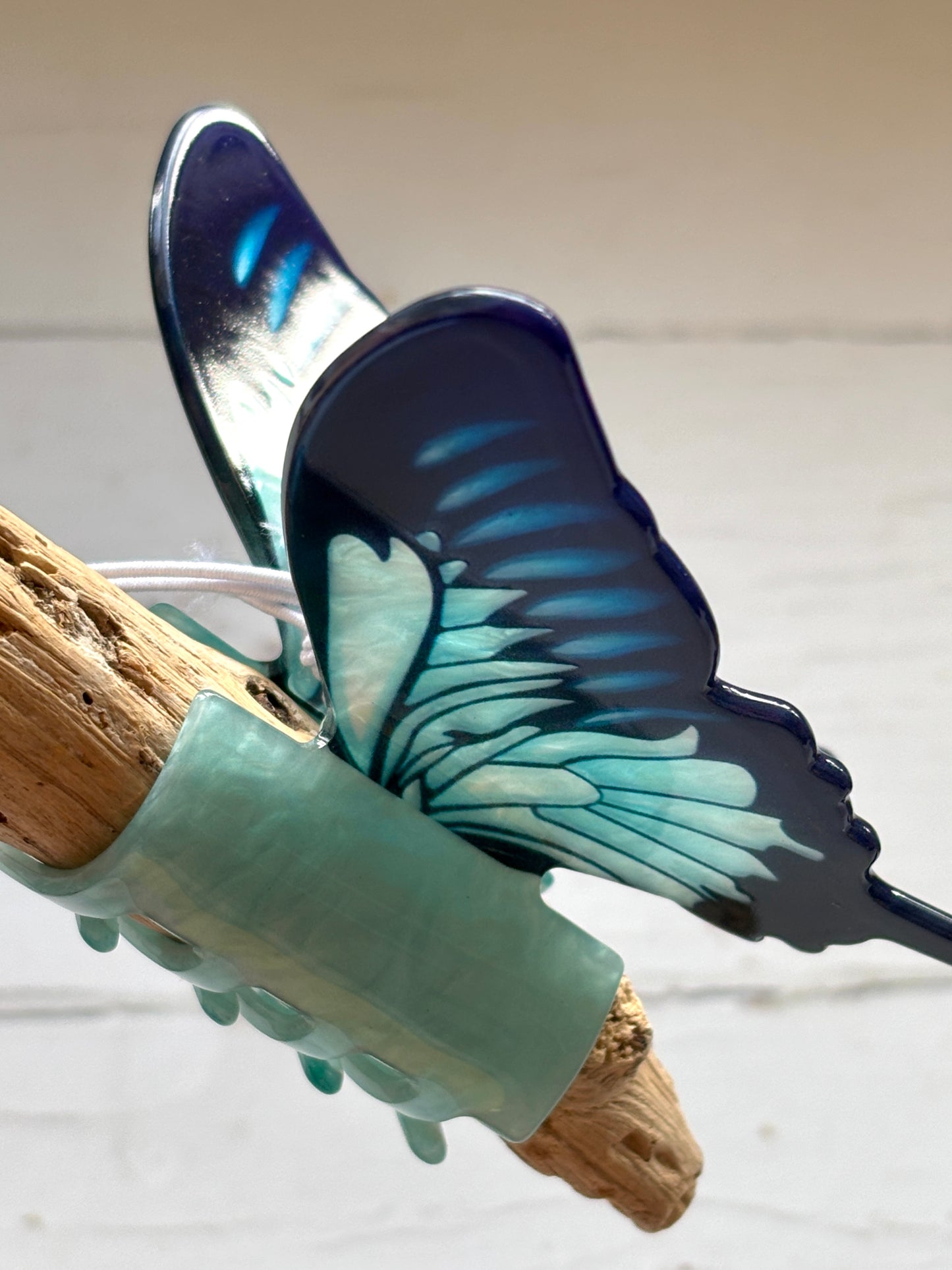 blue gradient butterfly on a teal hair claw unique statement hair accessory or trendy novelty clip for cute hair decor