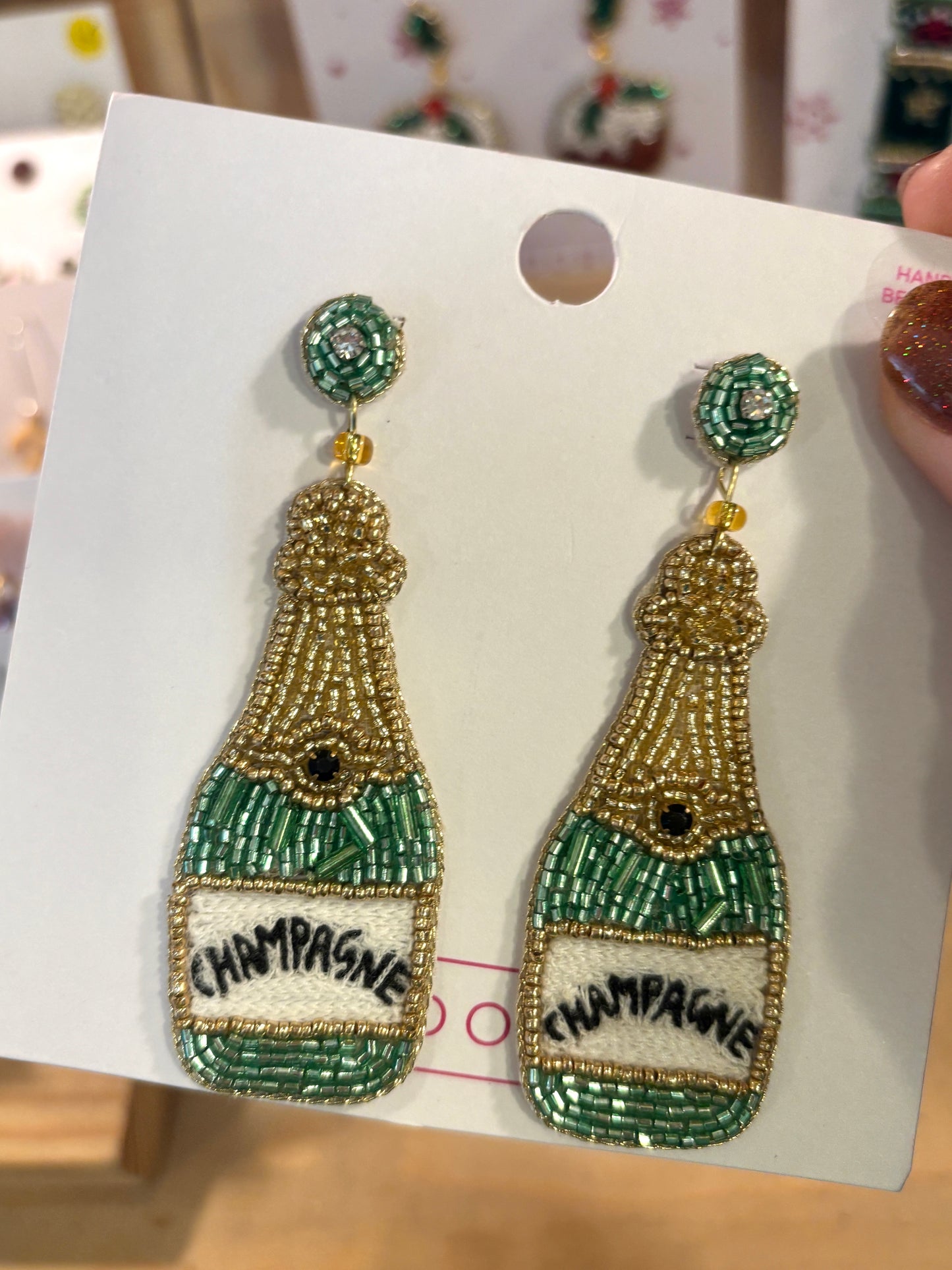champagne bottle beaded Christmas earrings - green gold embroidered festive stud dangle party jewelry gift