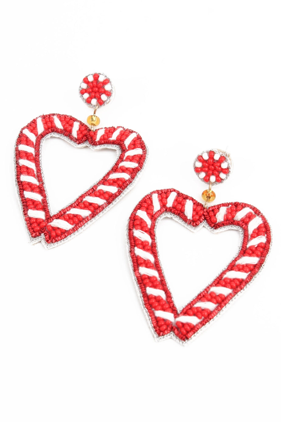 candy cane heart earrings detail - red & white beaded striped Christmas dangle studs with silver outline trim