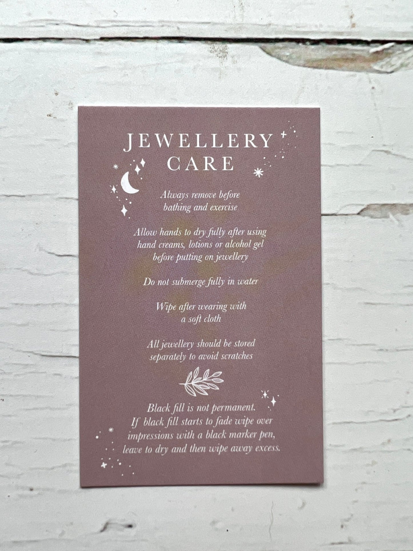 jewelry care card instructions, maintenance guide for metal cuffs, celestial design care tips, handmade jewelry info