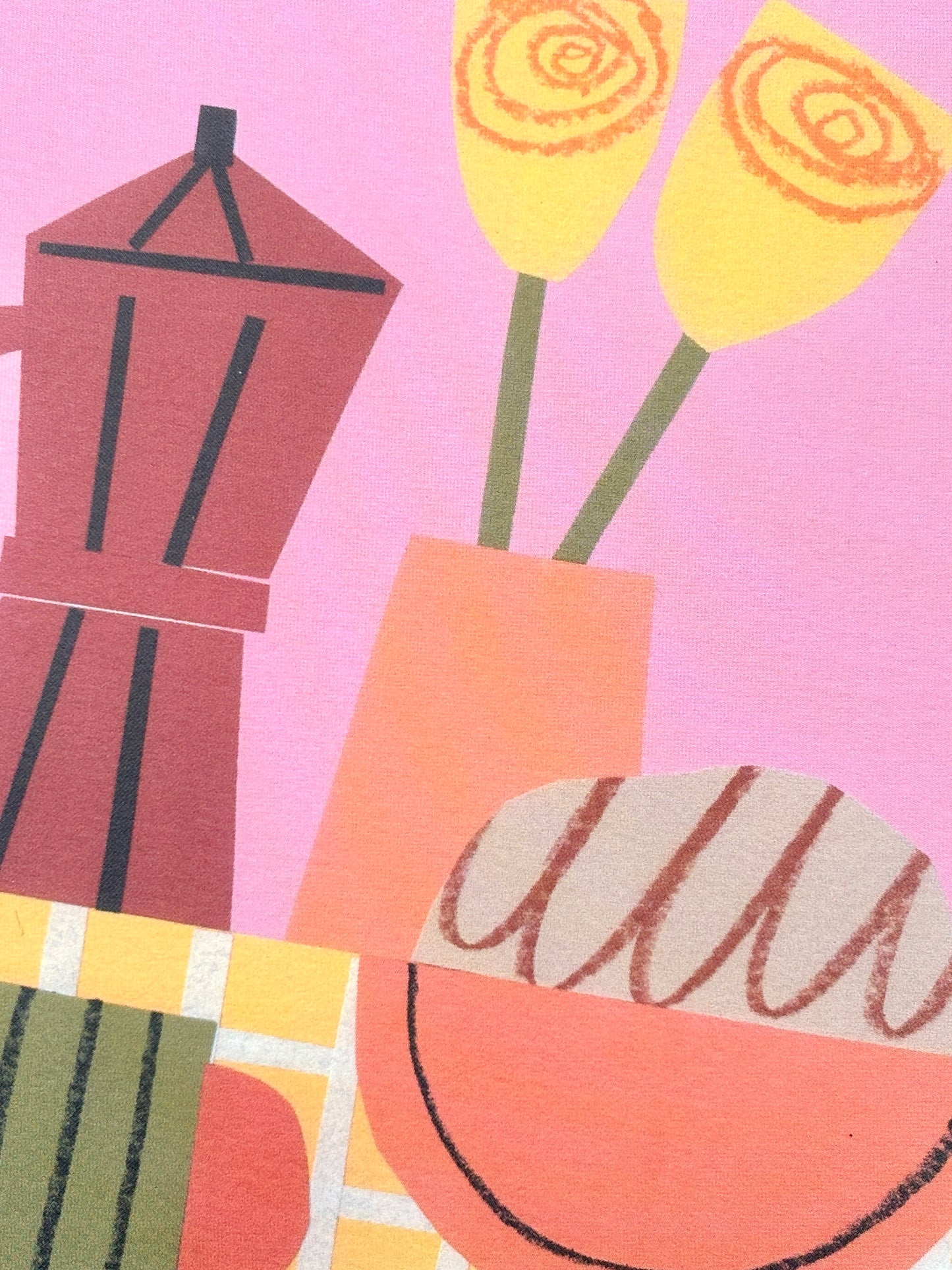 closeup shot of modern still life art moka pot, yellow abstract flowers, vibrant pink background, contemporary illustration