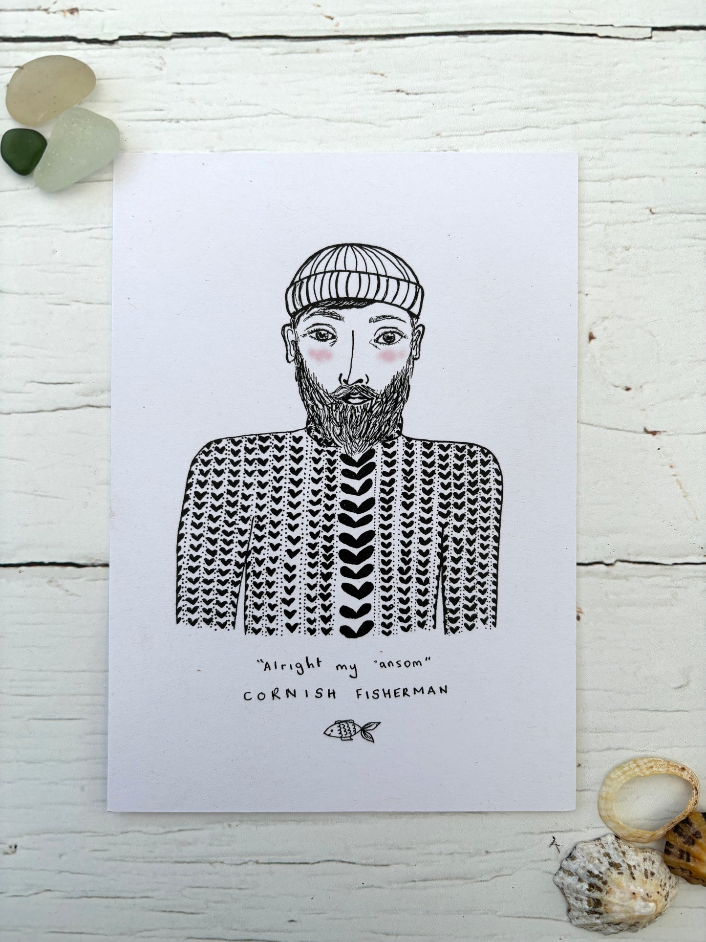 nautical fisherman postcard black and white ink illustration of a bearded man wearing a traditionally patterned sweater Cornwall art