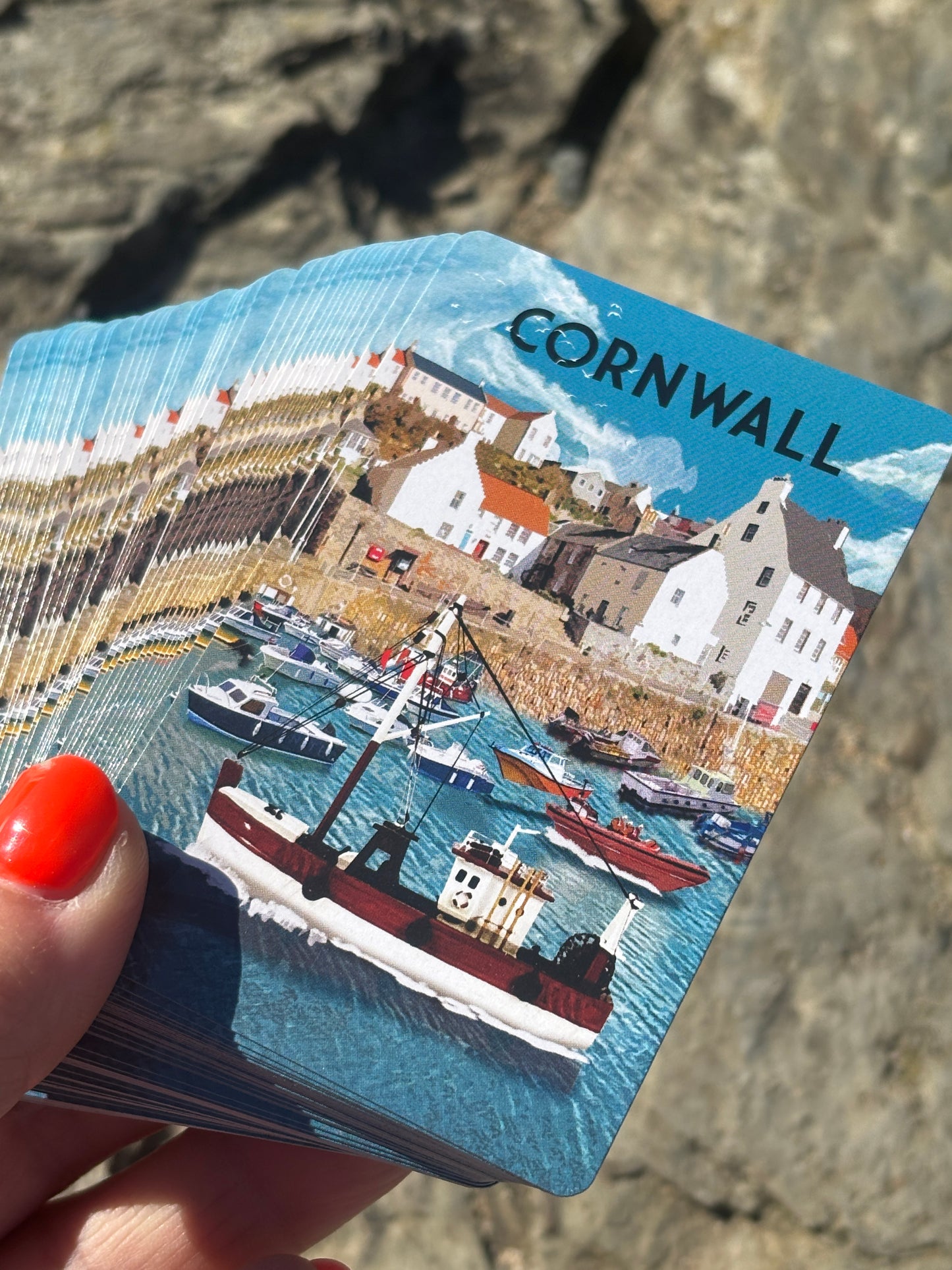 Cornish harbour playing cards with bold coastal artwork—nautical-themed gift for seaside lovers, tourists, and card collectors