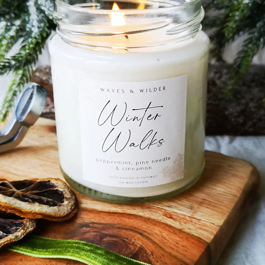 soy wax candle by Waves & Wilder. 'Winter Walks' scent: peppermint, pine needle, cinnamon. Hand-poured in Cornwall