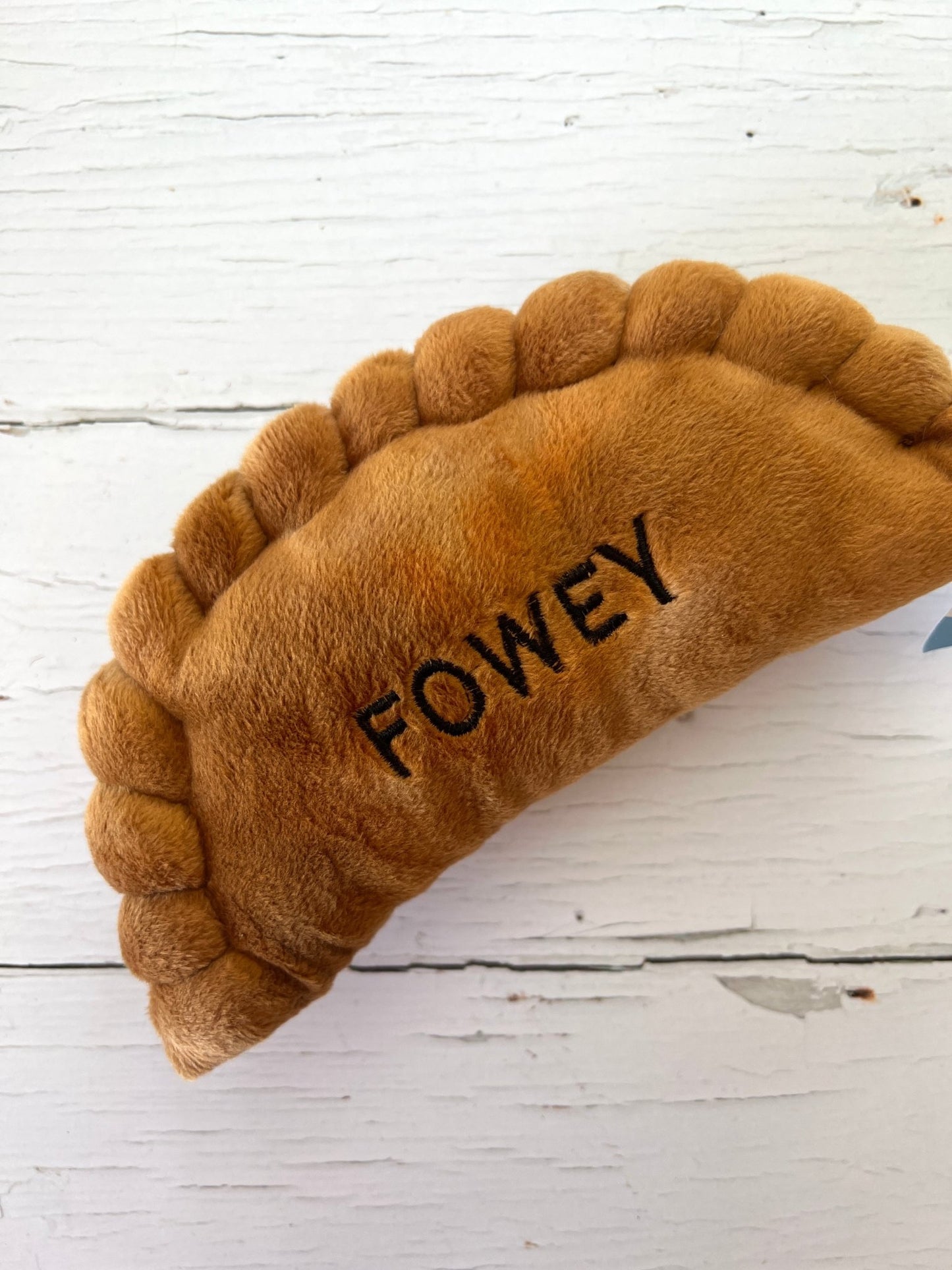 cuddly Fowey pasty soft toy with embroidered crust funny Cornish food plush souvenir or unique kitchen gift for children