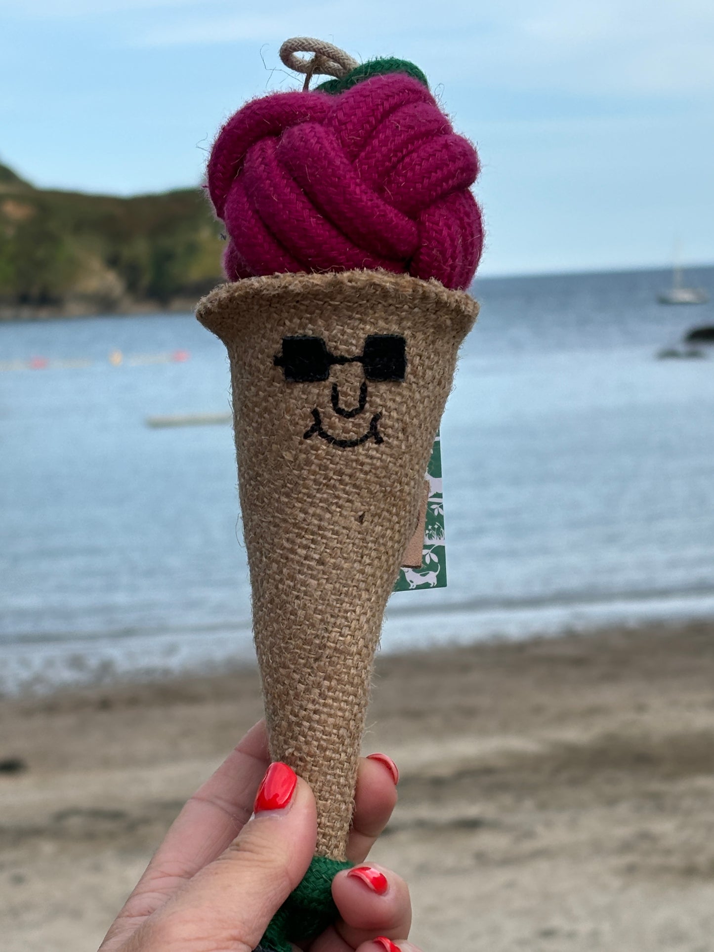 rope ice cream cone eco dog toy held at beach - sustainable knotted pet toy with happy face and coastal view