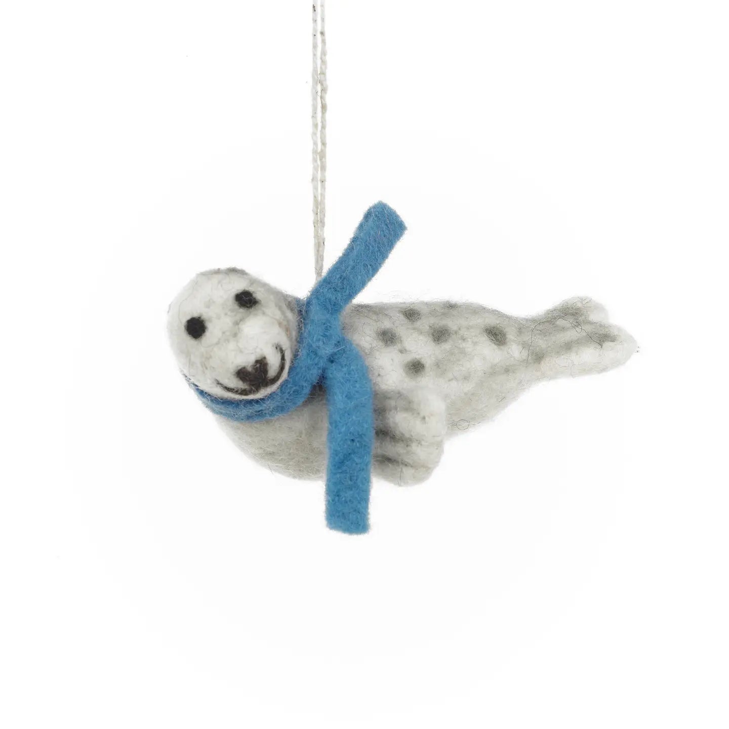 handmade felt seal ornament with blue scarf - Eduardo grey spotted seal hanging decoration for coastal decor