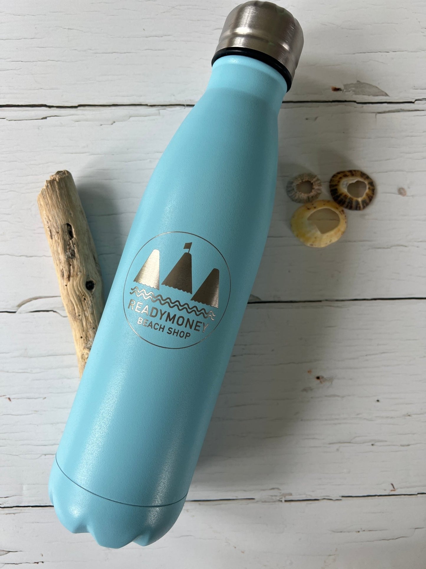 blue stainless steel water bottle with etched Readymoney beach shop sailboat design - eco-friendly hydration