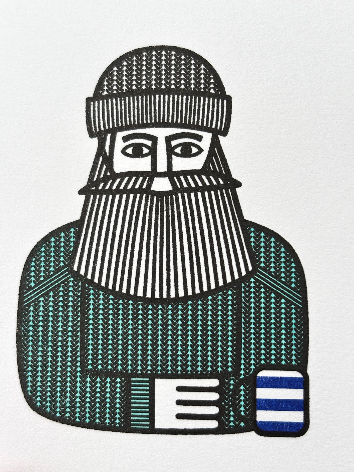 hand-drawn bearded fisherman illustration, knit sweater coffee cup art, nautical character design, maritime greeting card