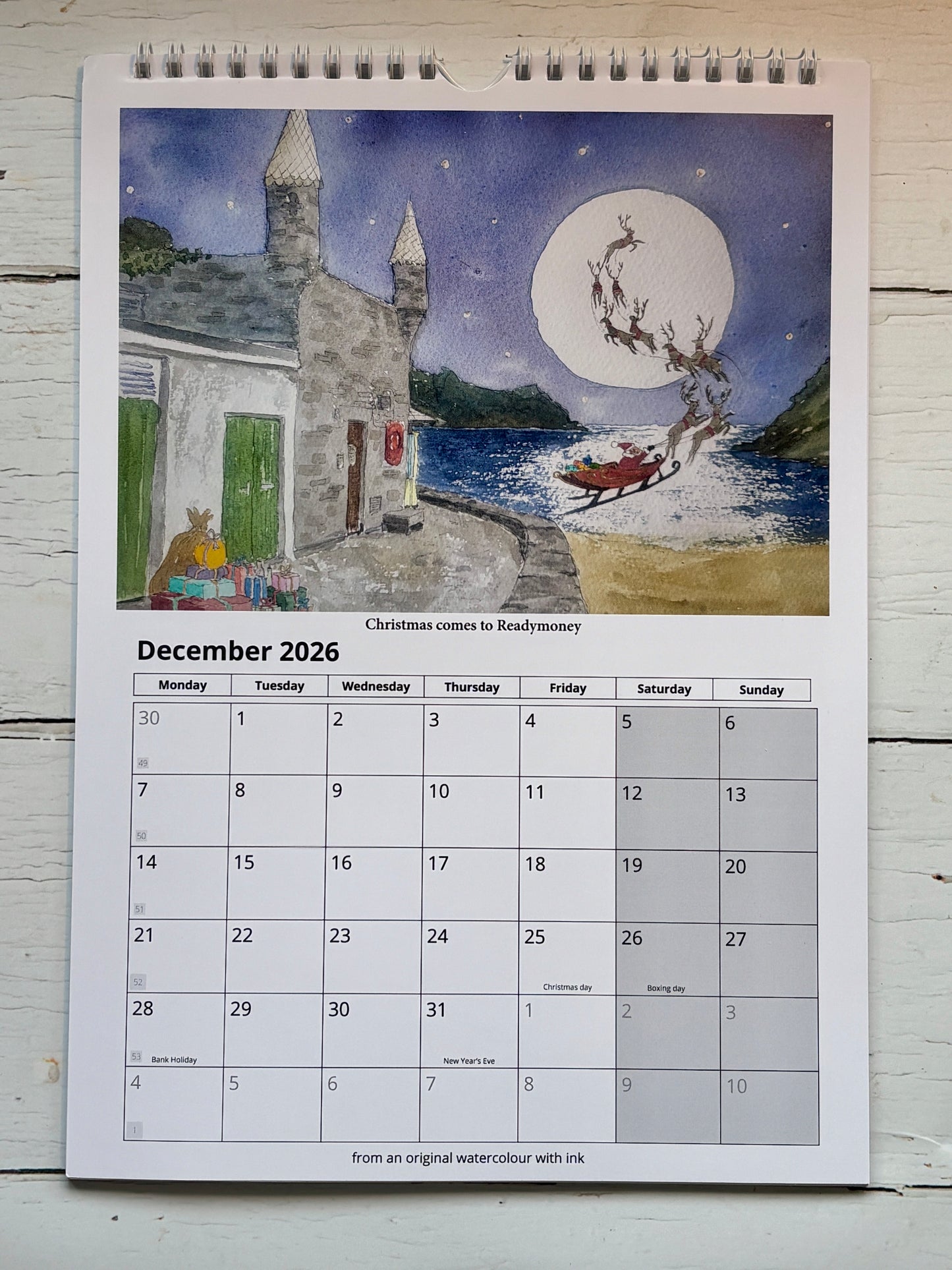 Christmas Readymoney Cove watercolor December 2026, Santa reindeer coastal scene calendar, festive Cornwall wall art