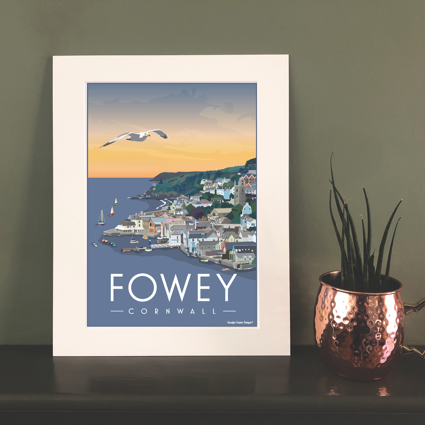 Fowey Cornwall coastal art print with seagull and sailboats at sunset, framed seaside wall decor for home