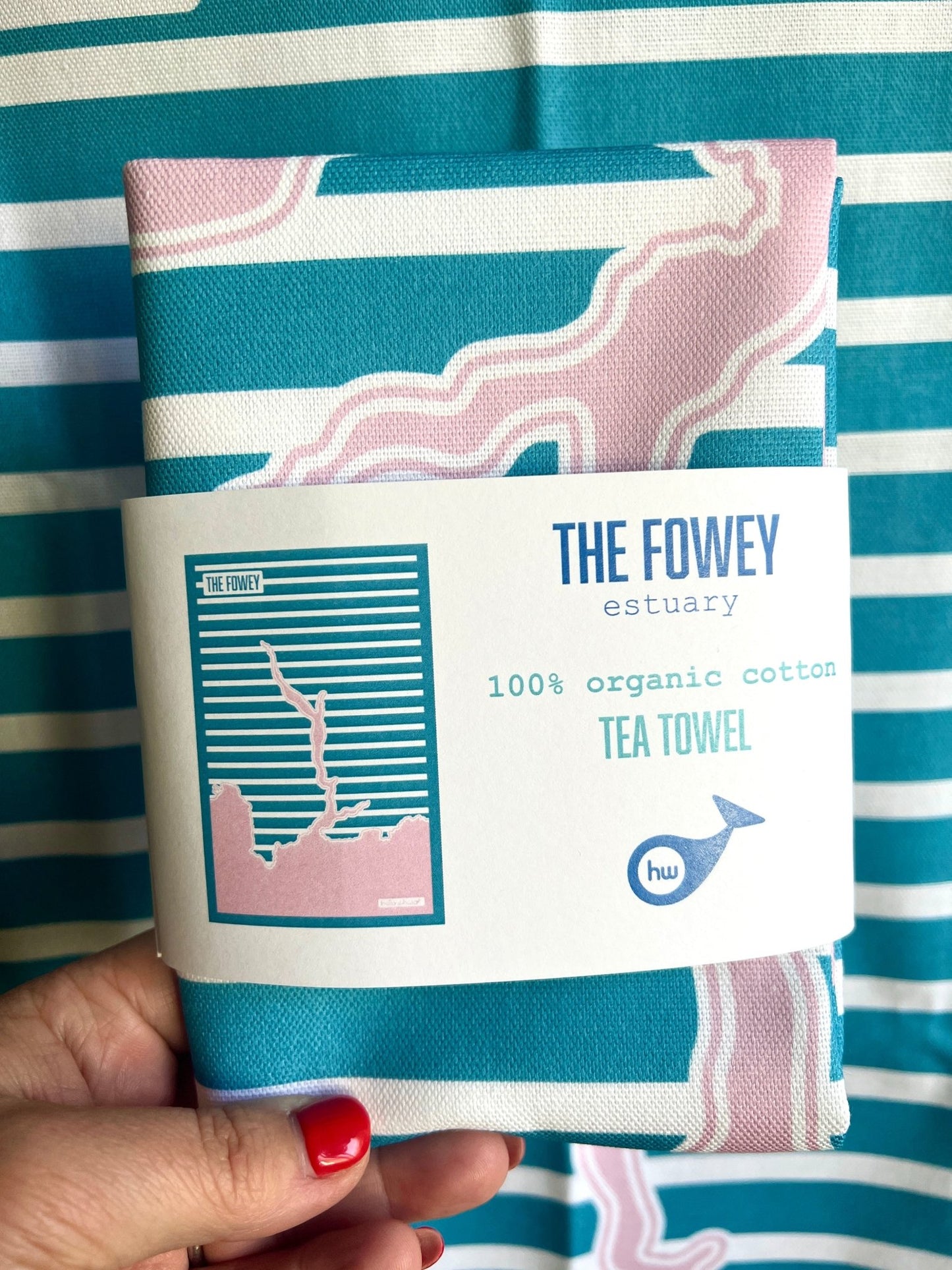 Fowey estuary tea towel 100% organic cotton kitchen linen, folded and packaged blue/pink striped map design, ideal coastal souvenir gift
