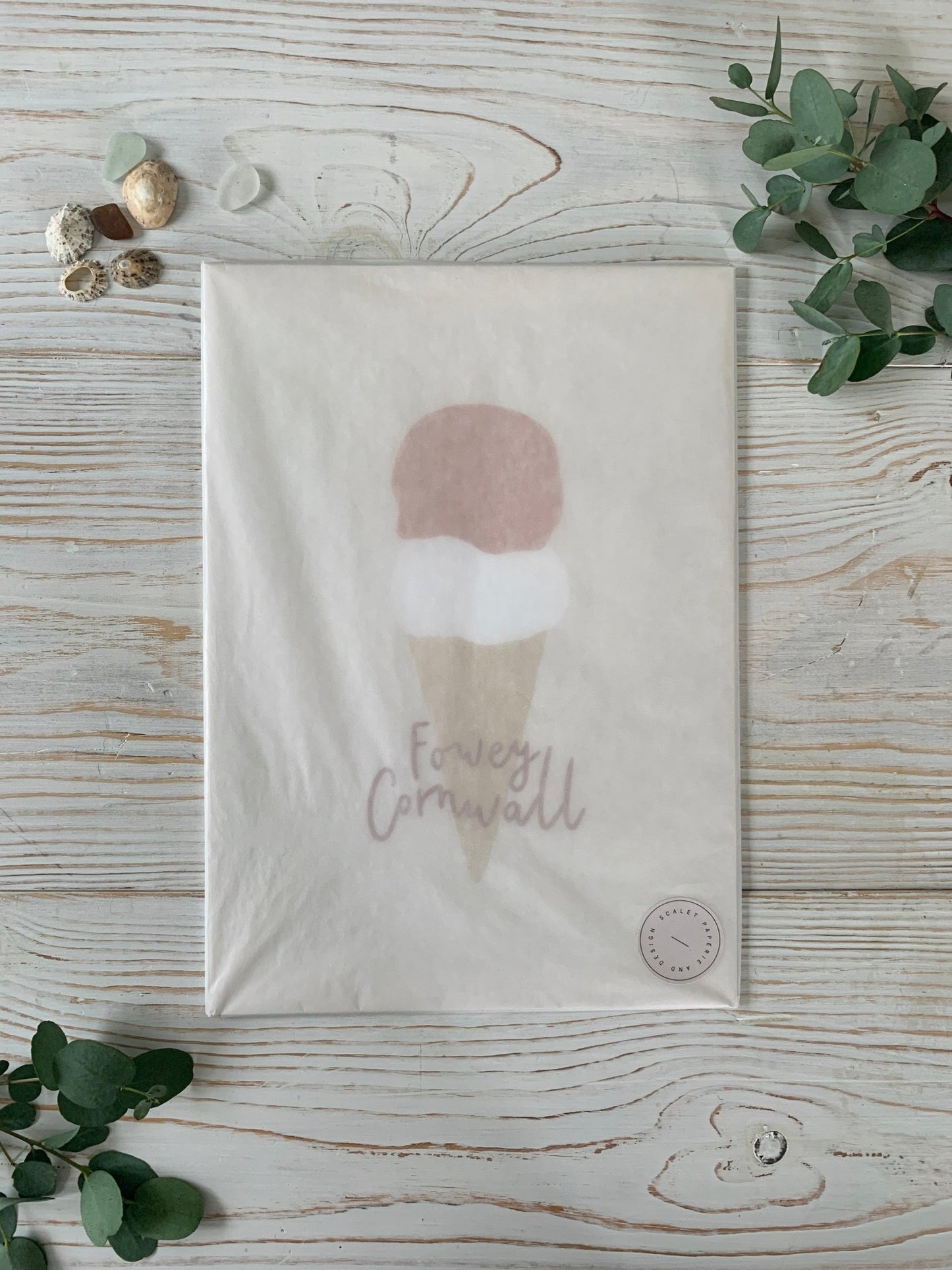 Fowey ice cream art print minimalist cone graphic in neutral tones, packaged in vellum coastal Cornwall souvenir wall art gift idea