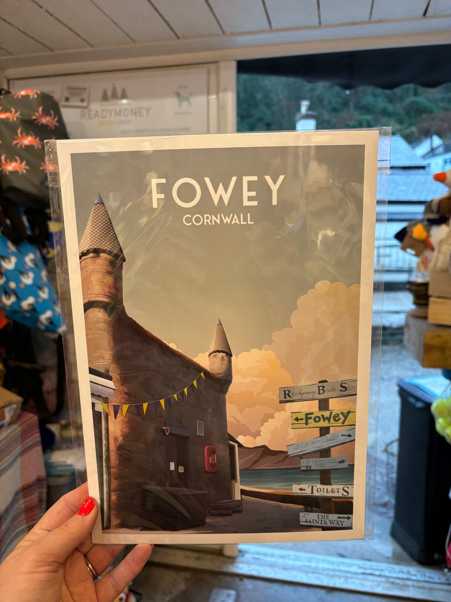 Fowey Cornwall vintage travel poster, coastal town signpost illustration, retro beach tourism art print, wall decor