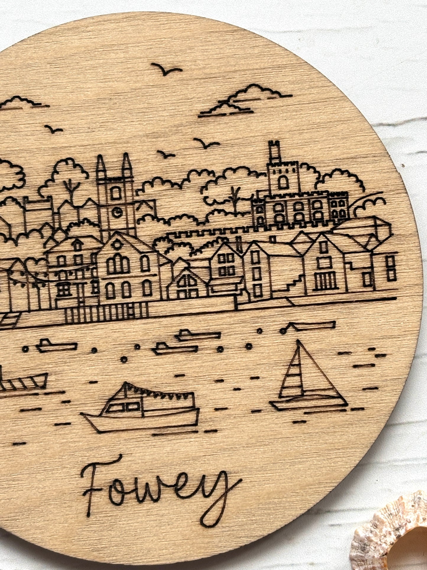 engraved Fowey wooden coaster with scenic harbor design, eco-friendly UK souvenir, perfect coastal gift
