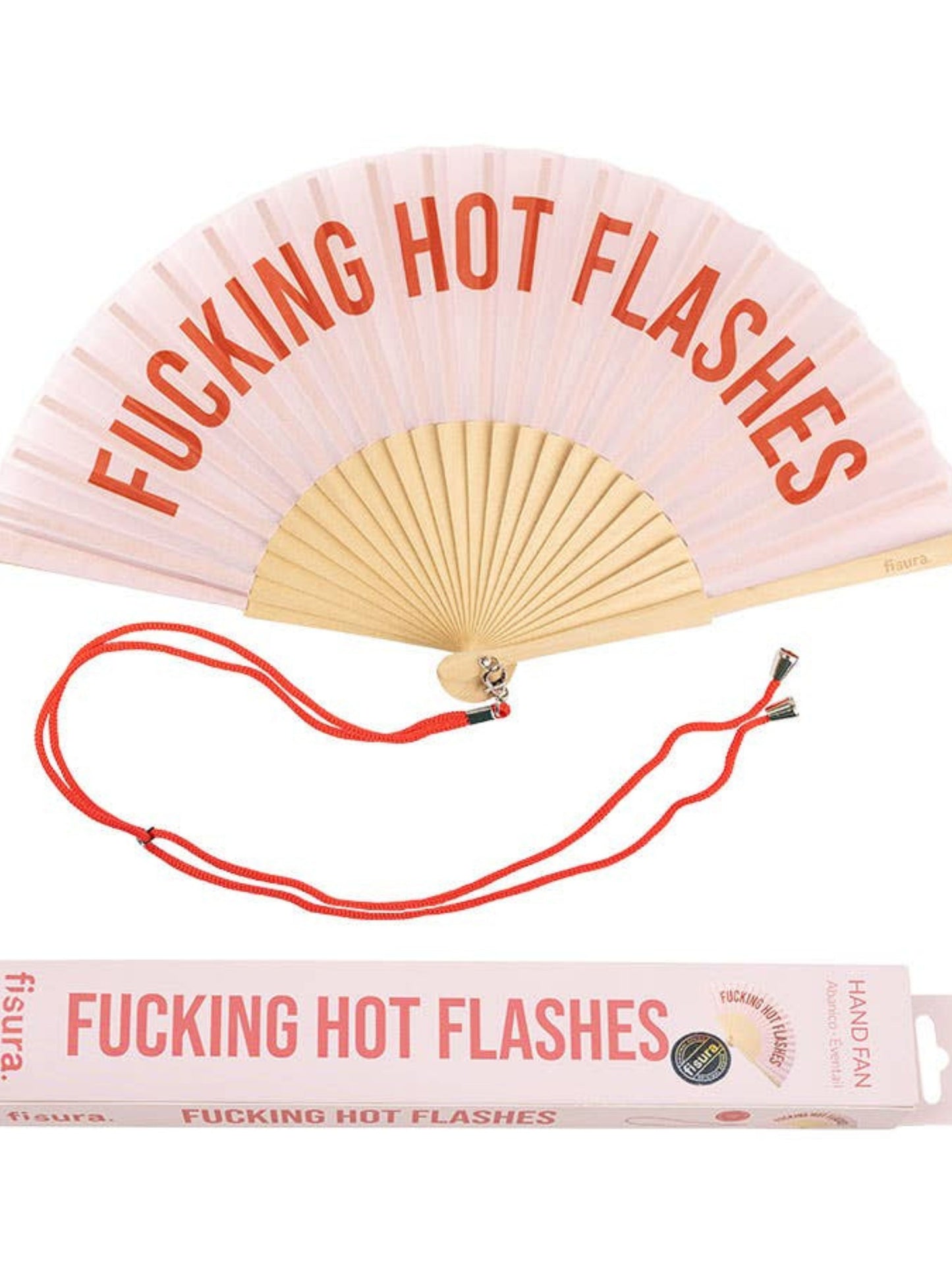Handheld fan with 'FUCKING HOT FLASHES' text and packaging on a white background