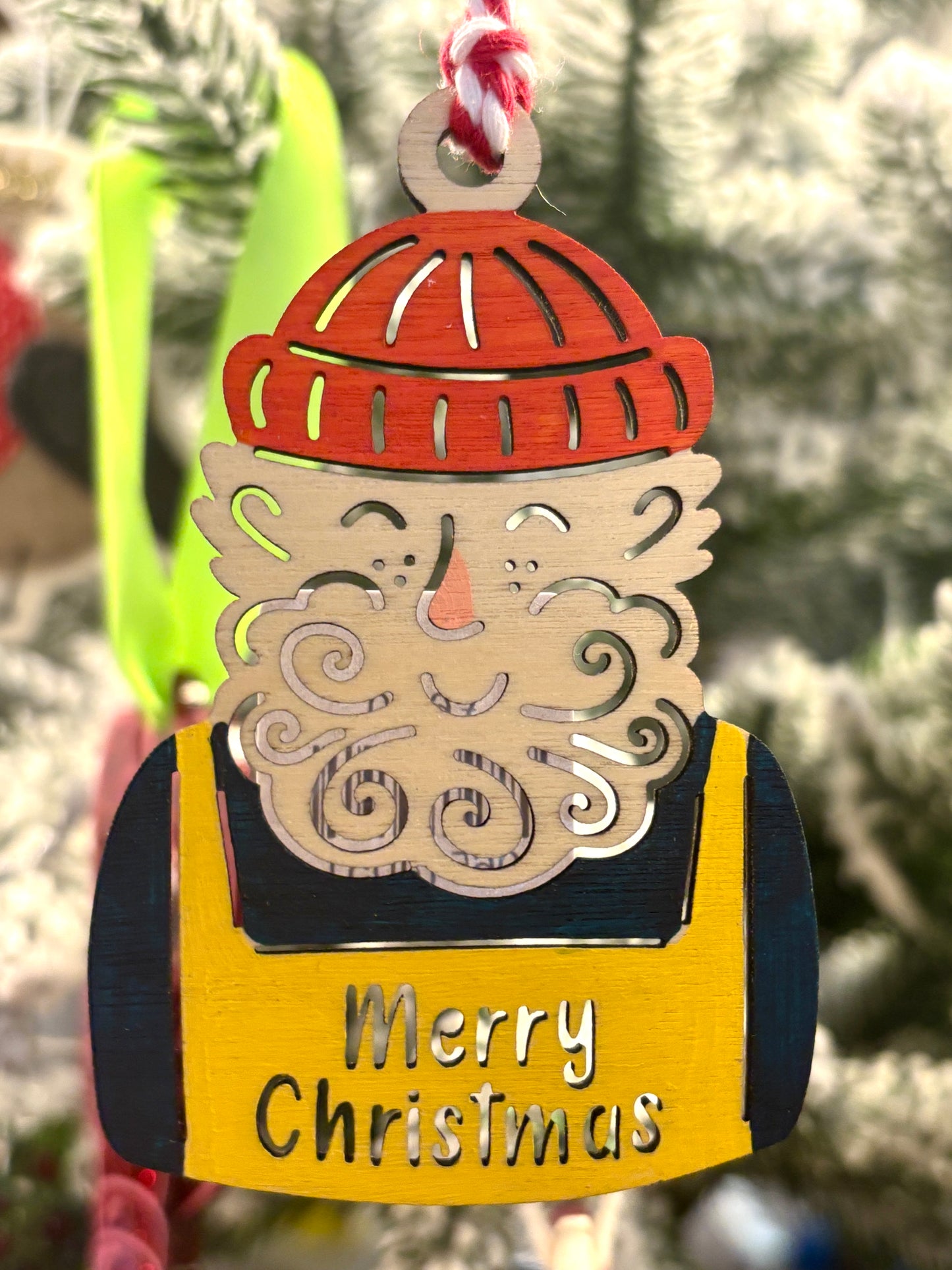 handpainted wooden Santa Christmas ornament, laser cut holiday tree decoration with Merry Christmas text detail