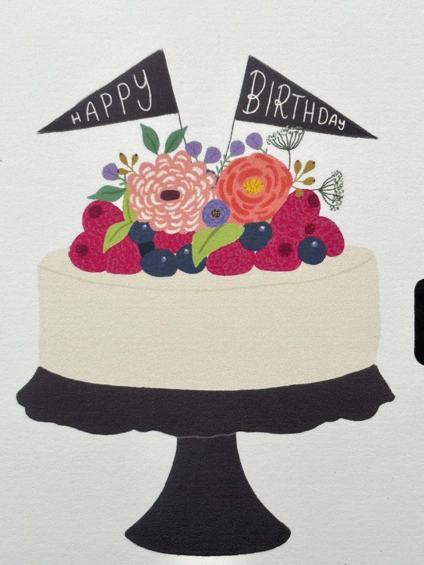 closeup shot of a Happy Birthday card showing a cake illustration topped with flowers, berries, and small "Happy Birthday" flags hand-drawn greeting card