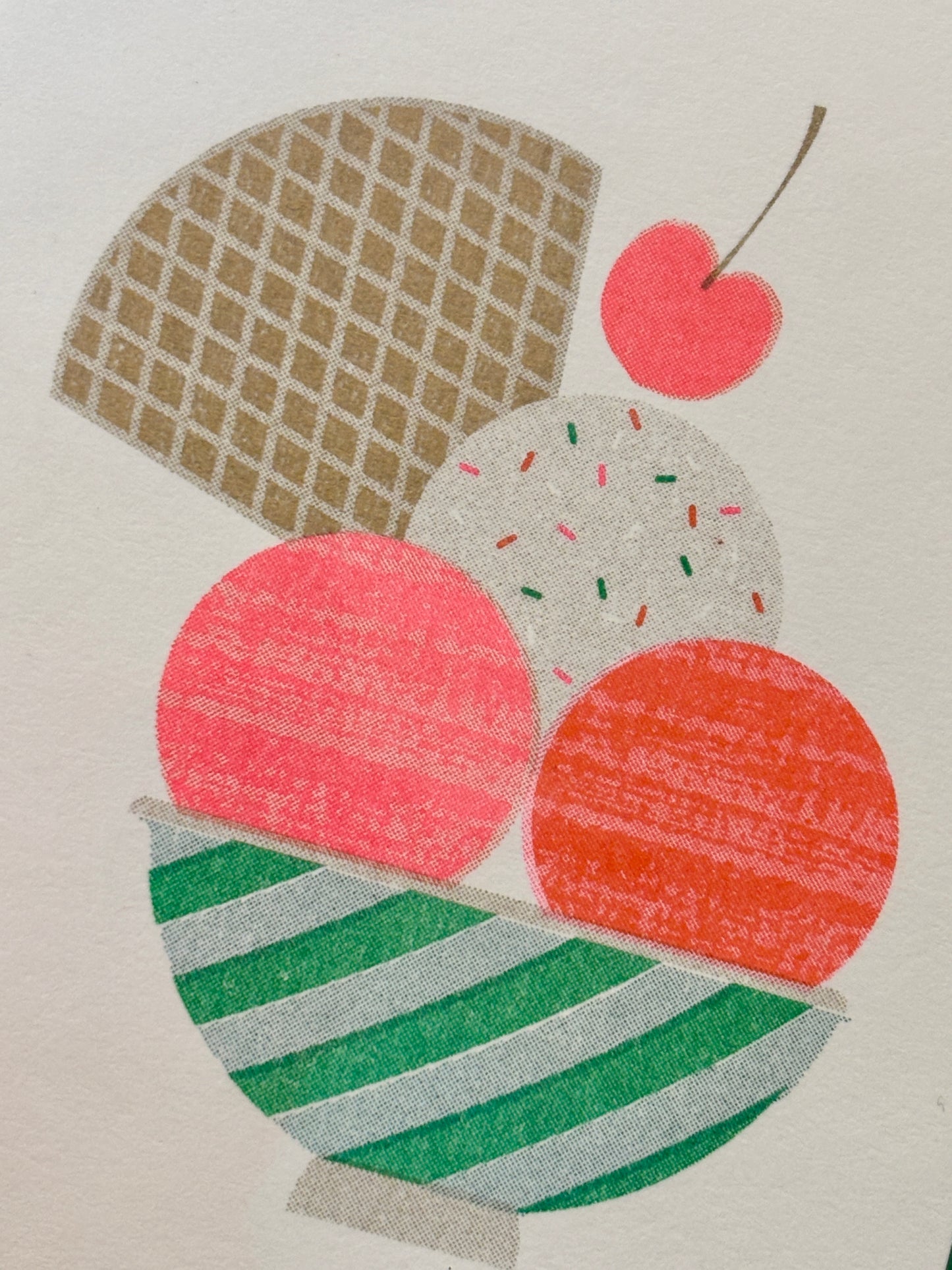 closeup shot of mini greeting card with retro ice cream sundae illustration—handmade foodie stationery, summer gift idea