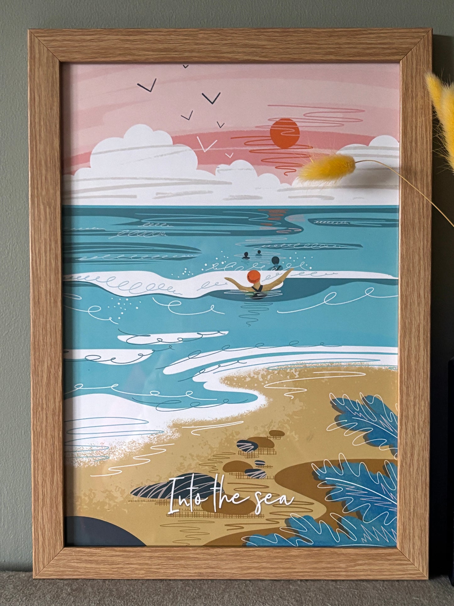 framed a4 coastal art print with swimmer and sunset—handmade ocean-themed wall decor for beach lovers and homes