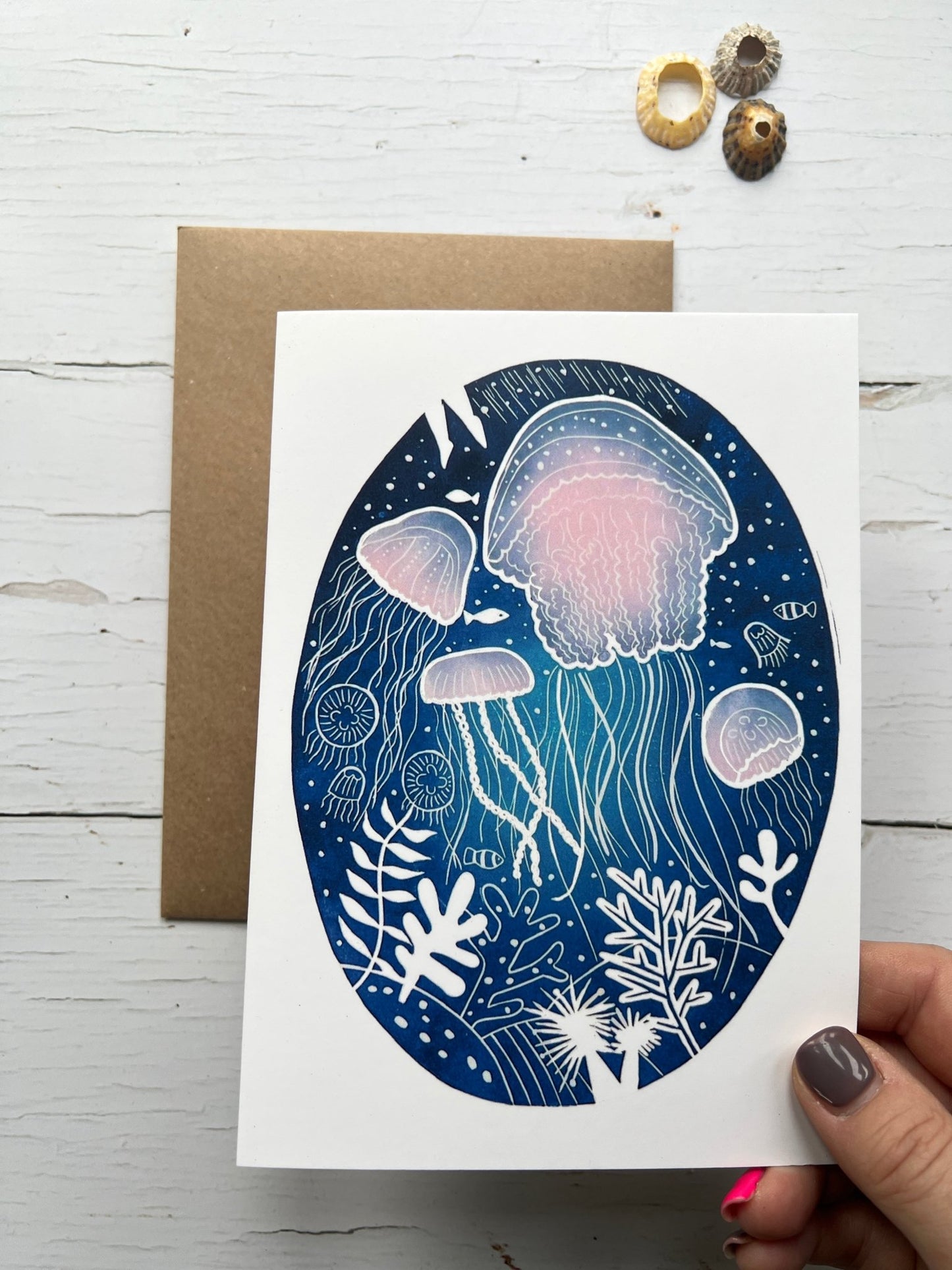 handmade jellyfish greeting card—coastal ocean art, eco stationery for birthdays or beach lovers