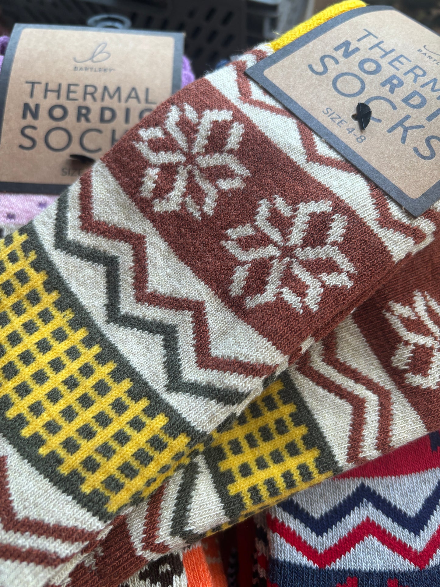 ladies’ thermal Nordic socks in yellow, brown, and cream—wool-blend, cozy, and ideal for stylish winter warmth