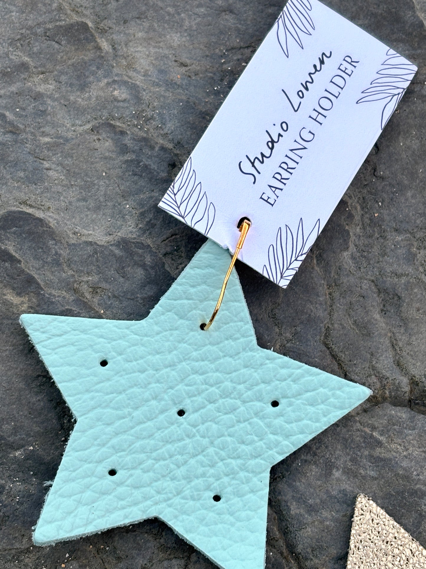seafoam leather star earring holder—lightweight, handmade, perfect for organizing studs and dainty earrings