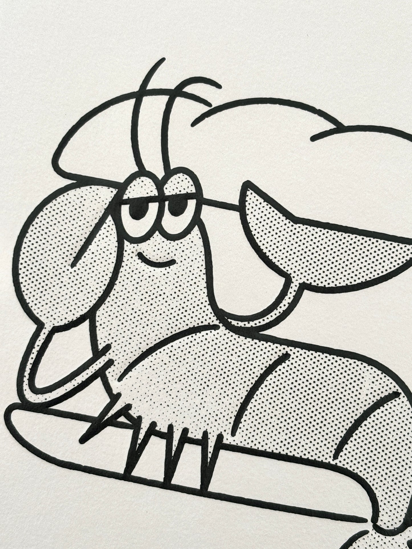 closeup shot of quirky shrimp birthday card artwork—playful illustration with bold detailing, perfect for fun and unique birthday gifting