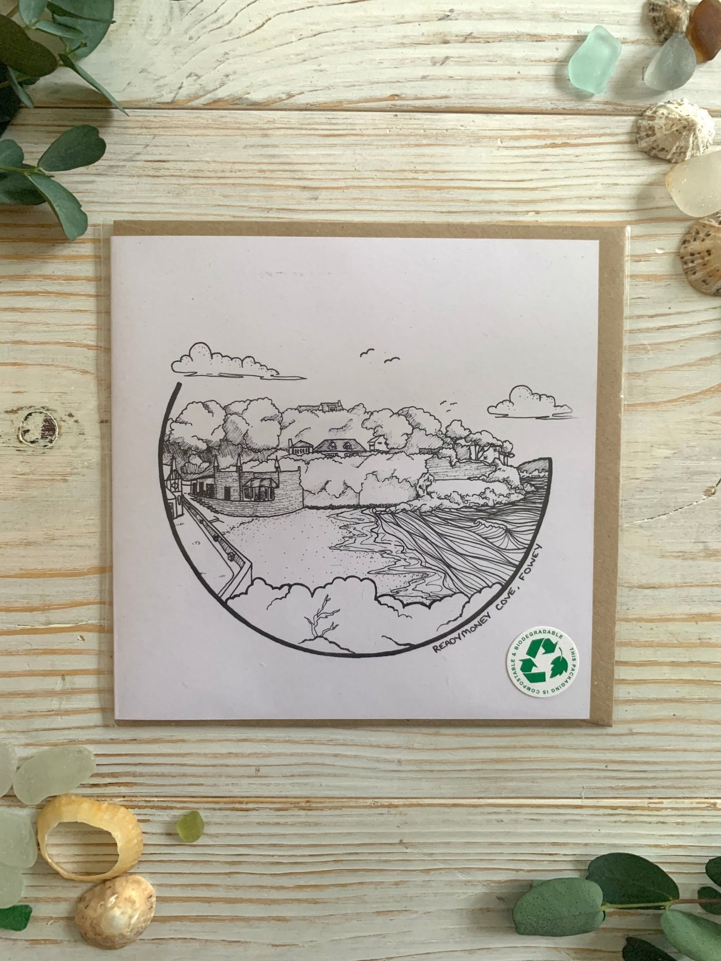 hand-drawn coastal card of Readymoney Cove—biodegradable, Cornwall-made, perfect for nature-loving art collectors