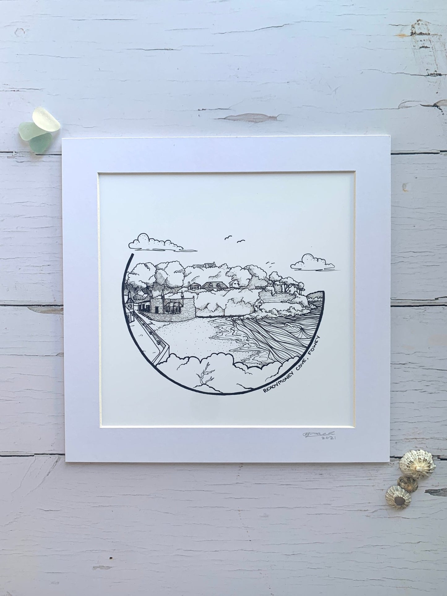 Readymoney Cove framed art print—hand-drawn coastal scene, minimalist and perfect for Cornwall-inspired interiors