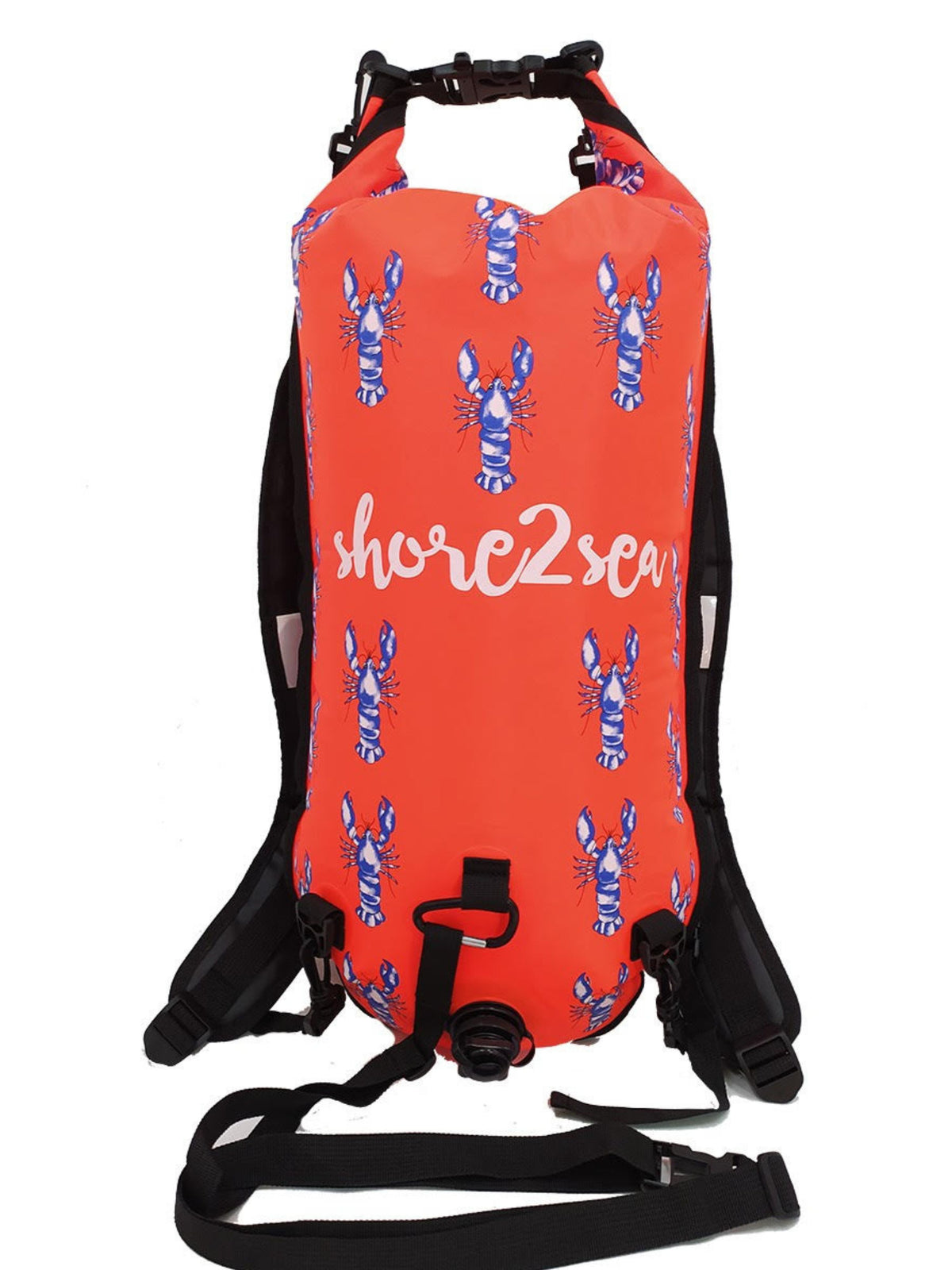 An orange tow float
with a blue lobster pattern and the brand name 'shore2sea' printed in white on the front, shown against a plain white background.