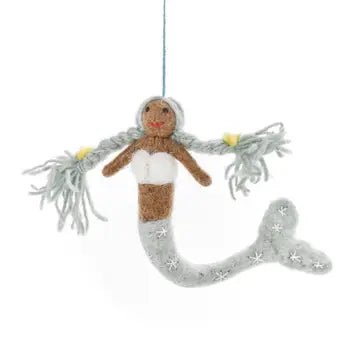 blue felt mermaid ornament handmade, snowflake embroidered tail, hanging coastal nursery decor, beach themed gift